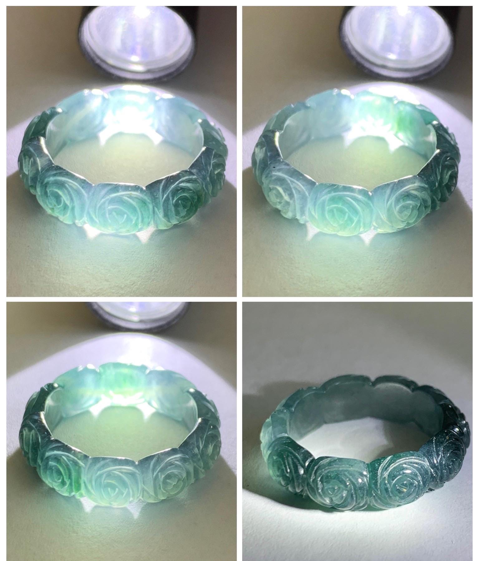 Grade A Natural Guatemalan Icy Highly Translucent Dark Teal Blue Jade Jadeite Carved Rose Band Ring Size 6.5 US 天然冰危深蓝翡翠玫瑰花戒圈 WSM280D