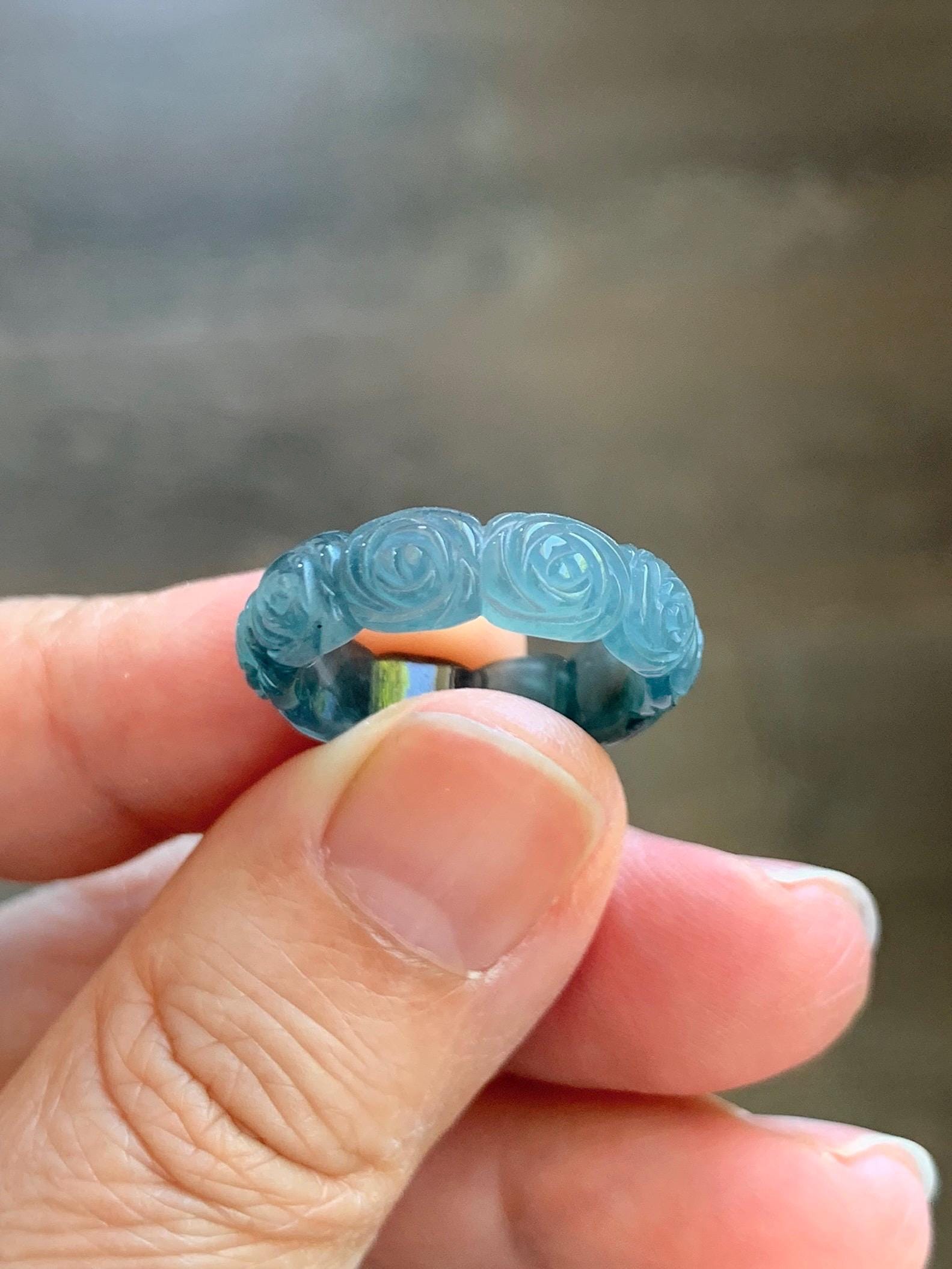 Grade A Natural Guatemalan Icy Highly Translucent Dark Teal Blue Jade Jadeite Carved Rose Band Ring Size 6.5 US 天然冰危深蓝翡翠玫瑰花戒圈 WSM280D