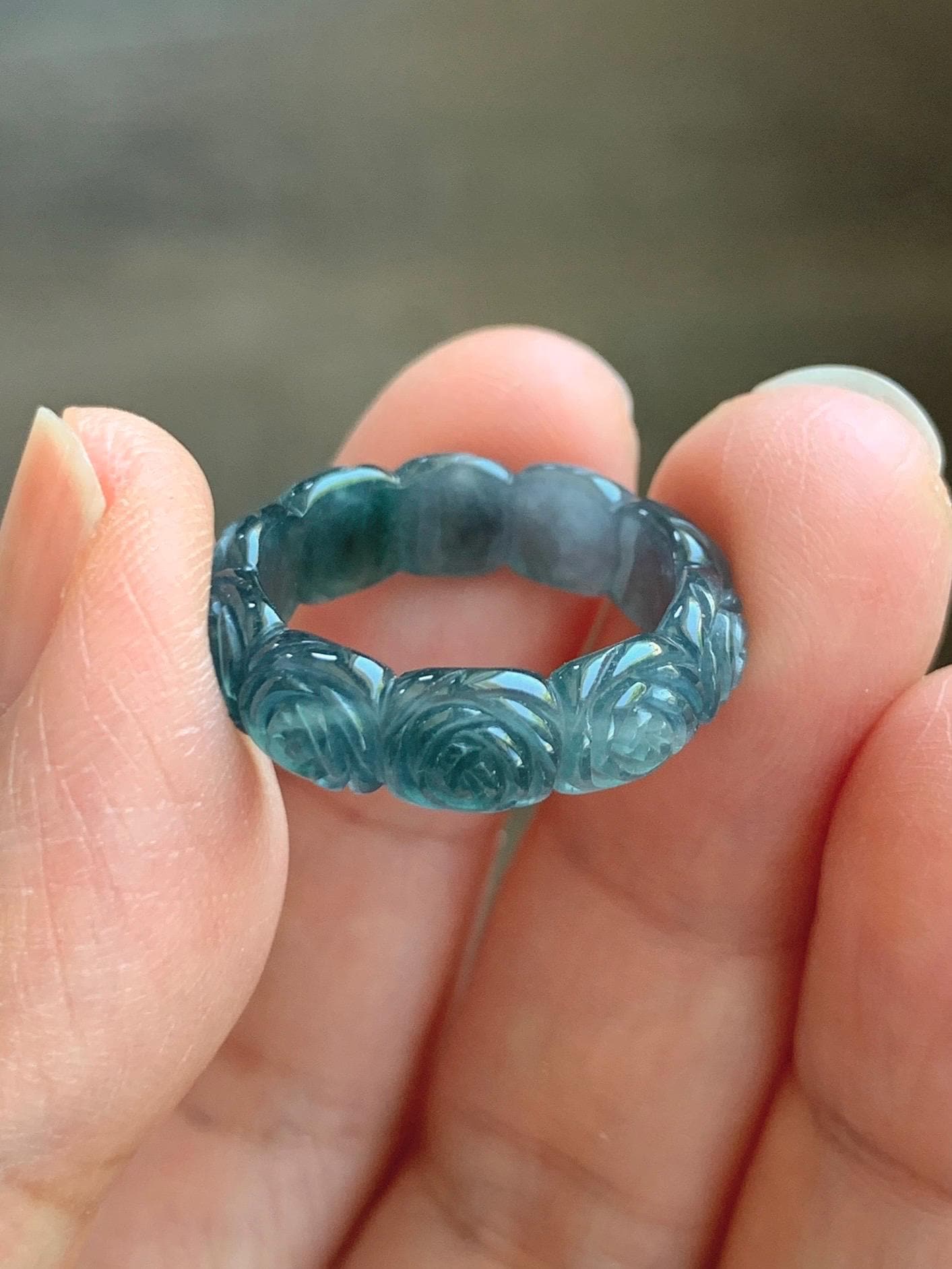 Grade A Natural Guatemalan Icy Highly Translucent Dark Teal Blue Jade Jadeite Carved Rose Band Ring Size 6.5 US 天然冰危深蓝翡翠玫瑰花戒圈 WSM280D
