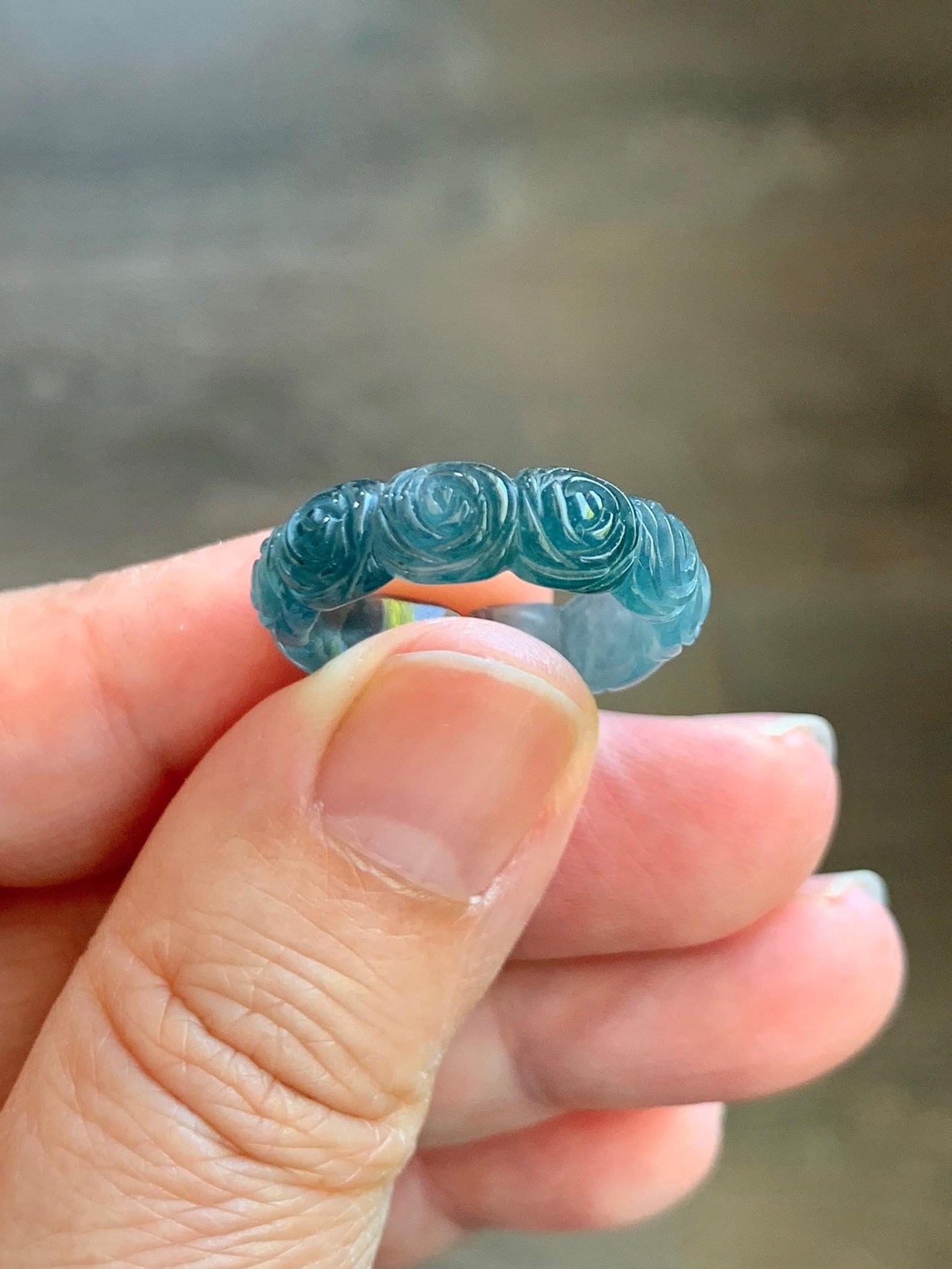 Grade A Natural Guatemalan Icy Highly Translucent Dark Teal Blue Jade Jadeite Carved Rose Band Ring Size 6.5 US 天然冰危深蓝翡翠玫瑰花戒圈 WSM280D