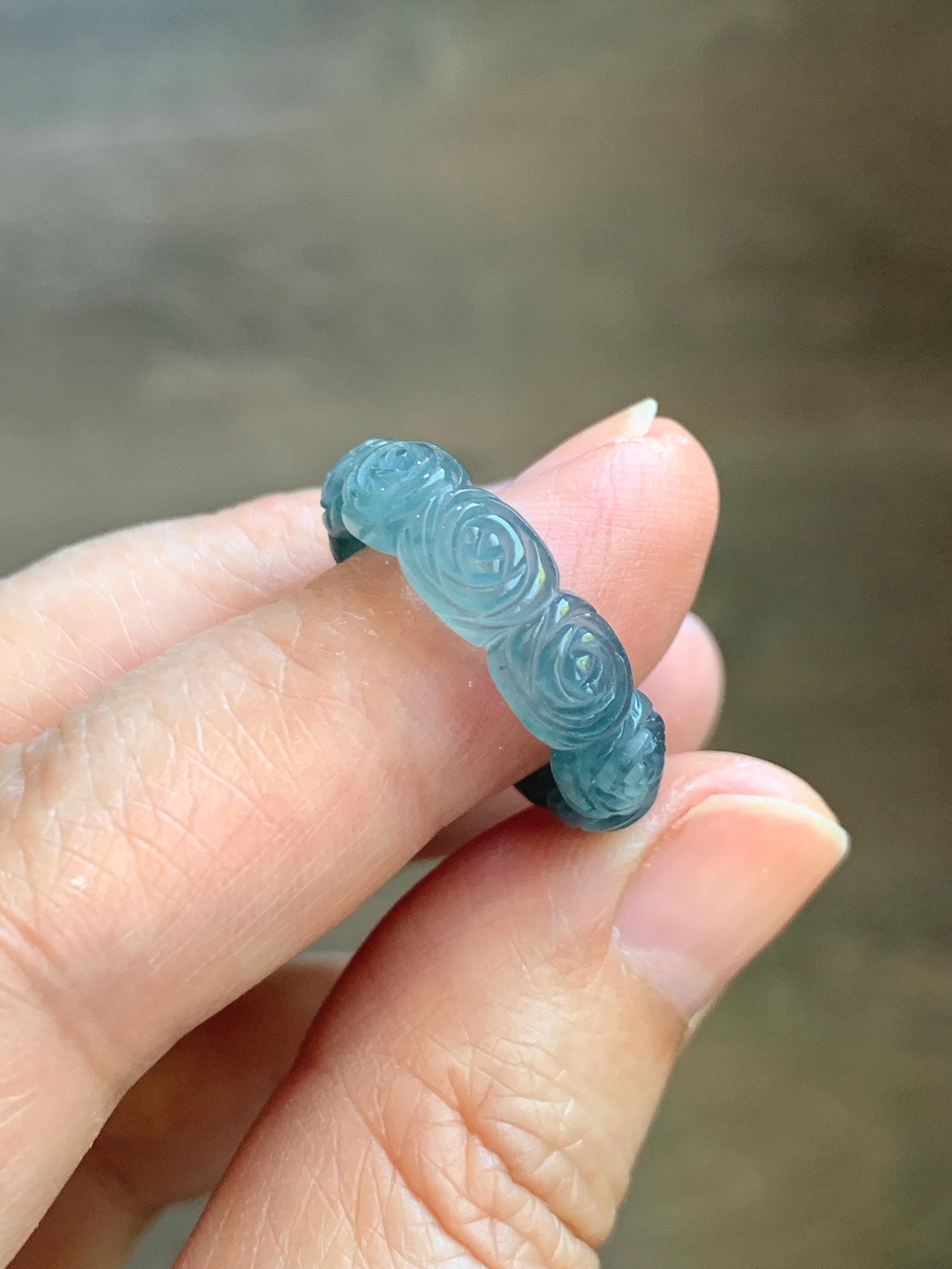 Grade A Natural Guatemalan Icy Highly Translucent Dark Teal Blue Jade Jadeite Carved Rose Band Ring Size 6.5 US 天然冰危深蓝翡翠玫瑰花戒圈 WSM280D