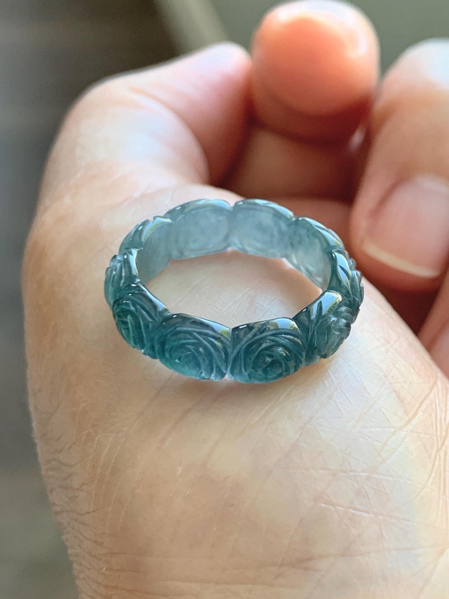 Grade A Natural Guatemalan Icy Highly Translucent Dark Teal Blue Jade Jadeite Carved Rose Band Ring Size 6.5 US 天然冰危深蓝翡翠玫瑰花戒圈 WSM280D