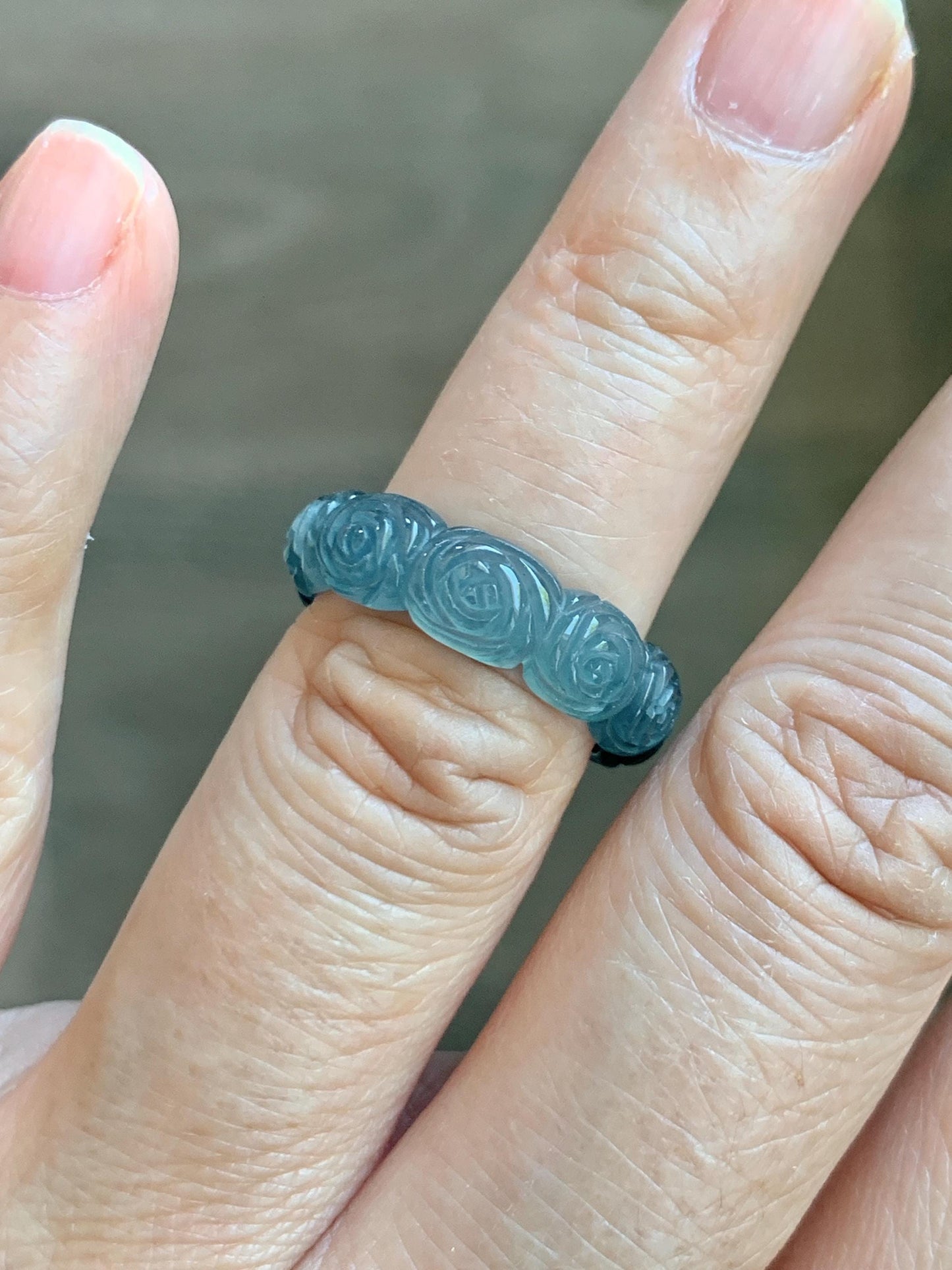 Grade A Natural Guatemalan Icy Highly Translucent Dark Teal Blue Jade Jadeite Carved Rose Band Ring Size 6.5 US 天然冰危深蓝翡翠玫瑰花戒圈 WSM280D