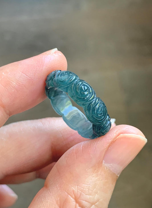 Grade A Natural Guatemalan Icy Highly Translucent Dark Teal Blue Jade Jadeite Carved Rose Band Ring Size 6.5 US 天然冰危深蓝翡翠玫瑰花戒圈 WSM280D