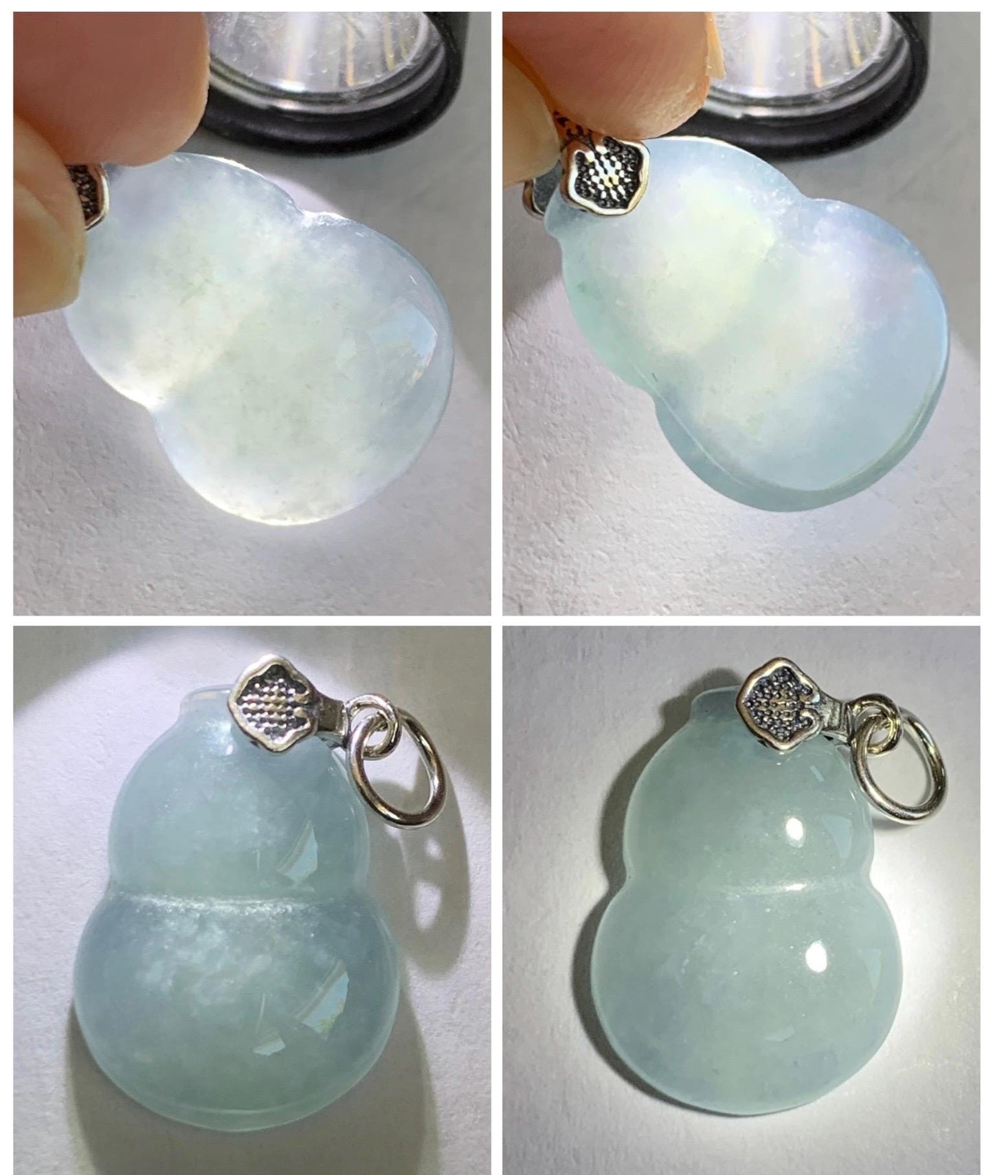 Natural Grade A Guatemalan Icy Highly Translucent Dusty Light Blue Jade Jadeite Gourd Hulu Pendant Sterling Silver 天然冰危蓝翡翠葫芦吊坠 WDB110-3