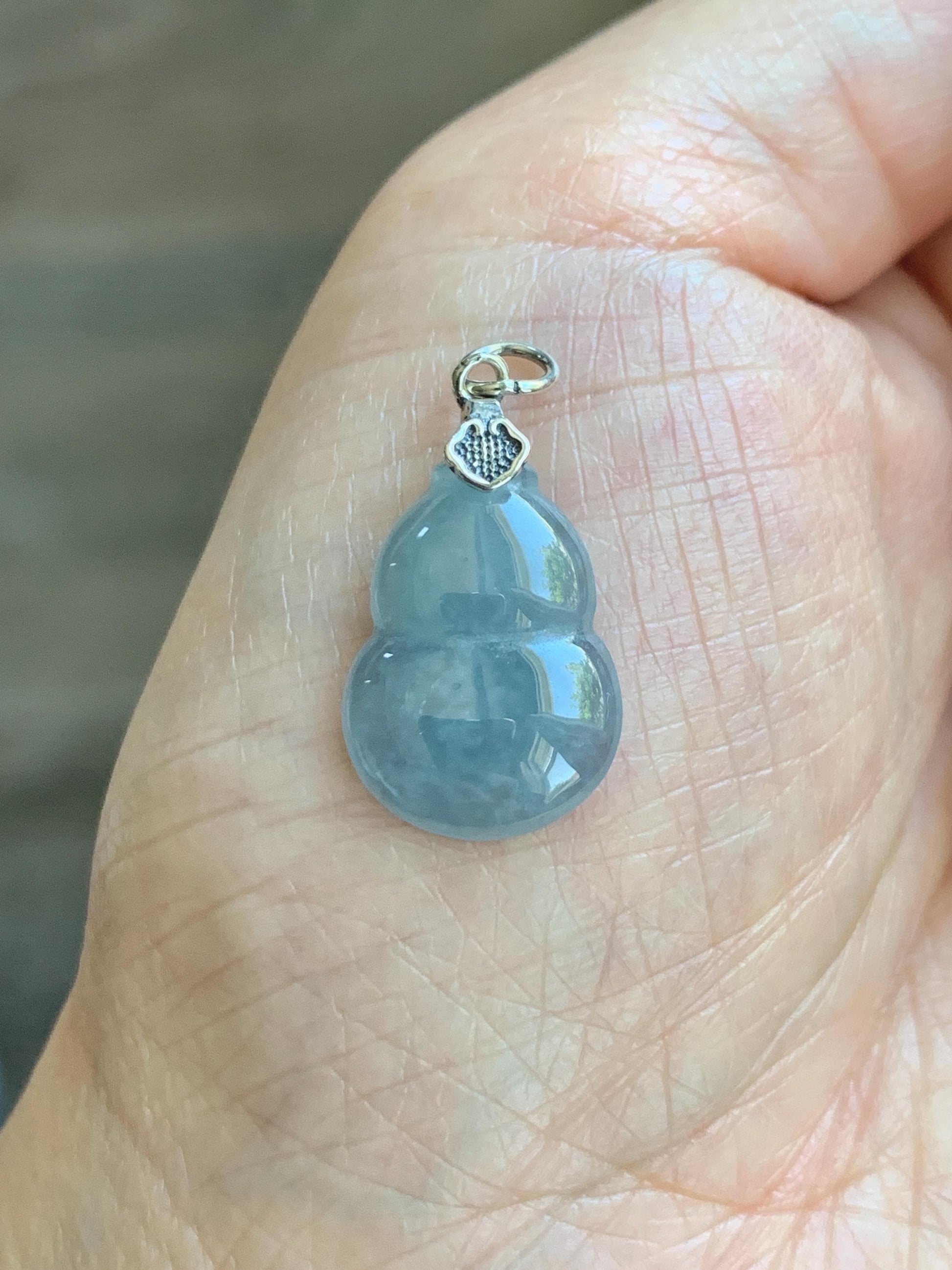 Natural Grade A Guatemalan Icy Highly Translucent Dusty Light Blue Jade Jadeite Gourd Hulu Pendant Sterling Silver 天然冰危蓝翡翠葫芦吊坠 WDB110-3