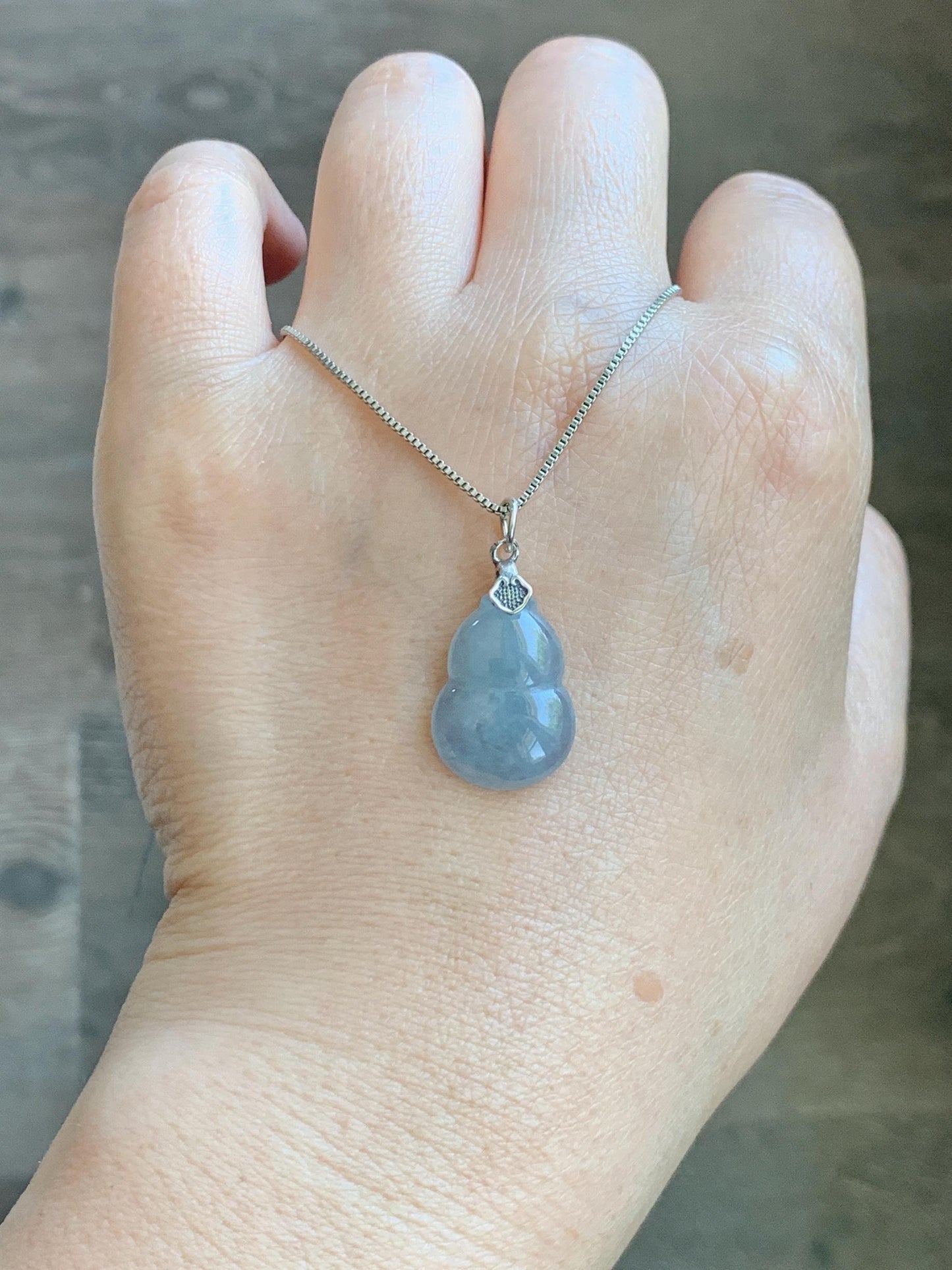 Natural Grade A Guatemalan Icy Highly Translucent Dusty Light Blue Jade Jadeite Gourd Hulu Pendant Sterling Silver 天然冰危蓝翡翠葫芦吊坠 WDB110-3