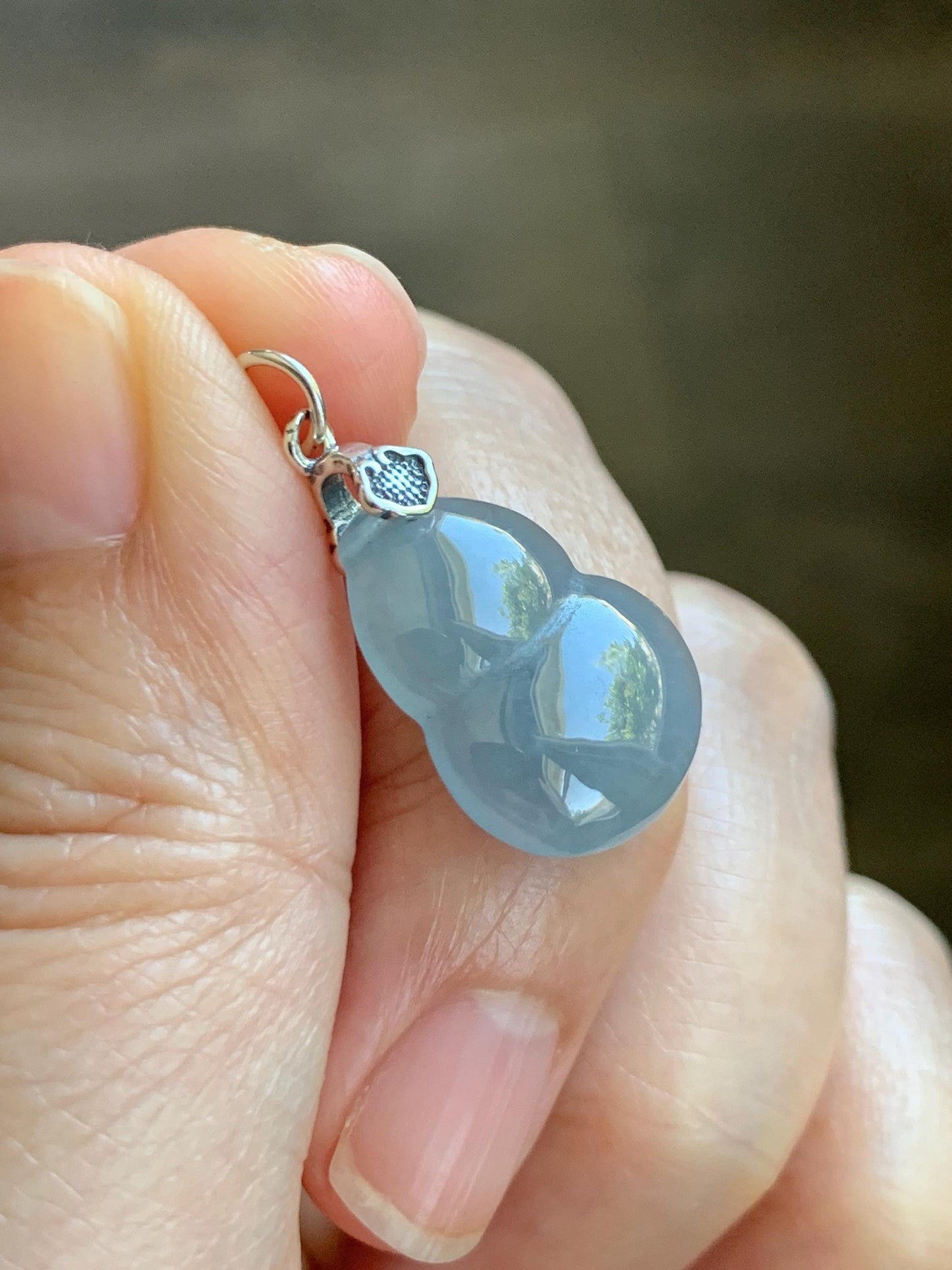 Natural Grade A Guatemalan Icy Highly Translucent Dusty Light Blue Jade Jadeite Gourd Hulu Pendant Sterling Silver 天然冰危蓝翡翠葫芦吊坠 WDB110-3