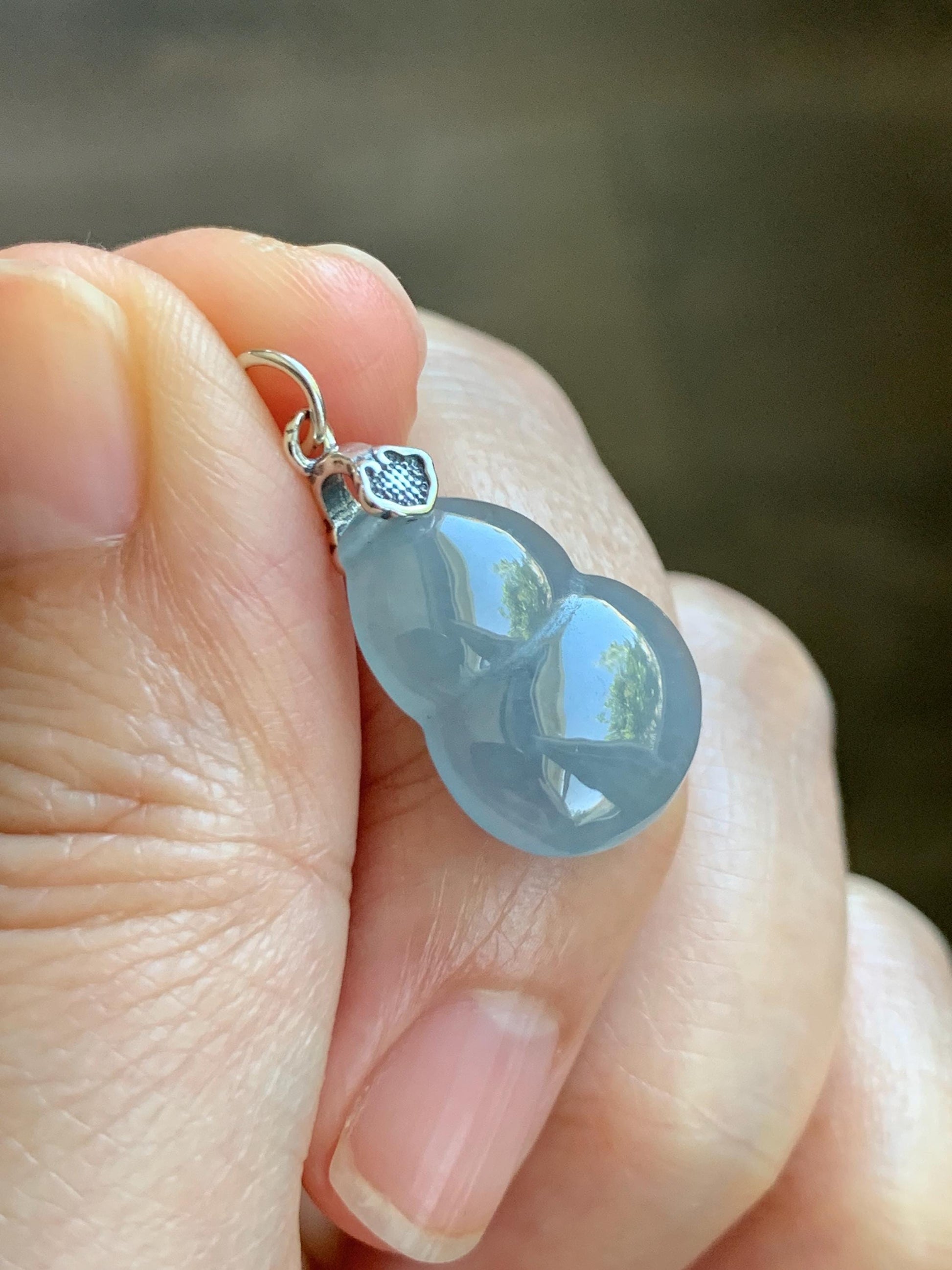 Natural Grade A Guatemalan Icy Highly Translucent Dusty Light Blue Jade Jadeite Gourd Hulu Pendant Sterling Silver 天然冰危蓝翡翠葫芦吊坠 WDB110-3
