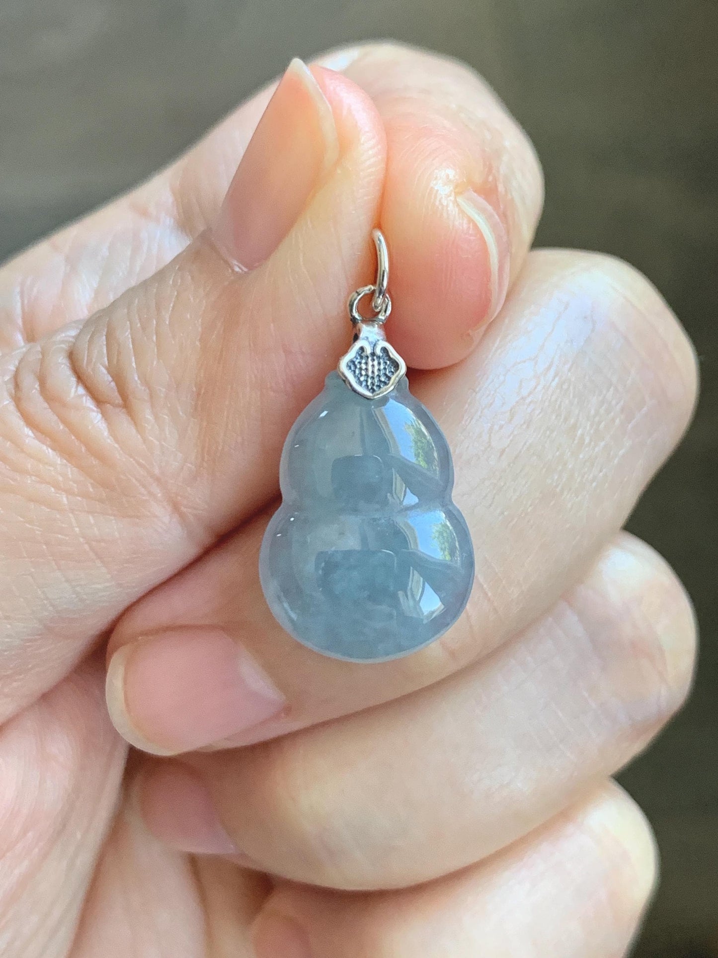 Natural Grade A Guatemalan Icy Highly Translucent Dusty Light Blue Jade Jadeite Gourd Hulu Pendant Sterling Silver 天然冰危蓝翡翠葫芦吊坠 WDB110-3