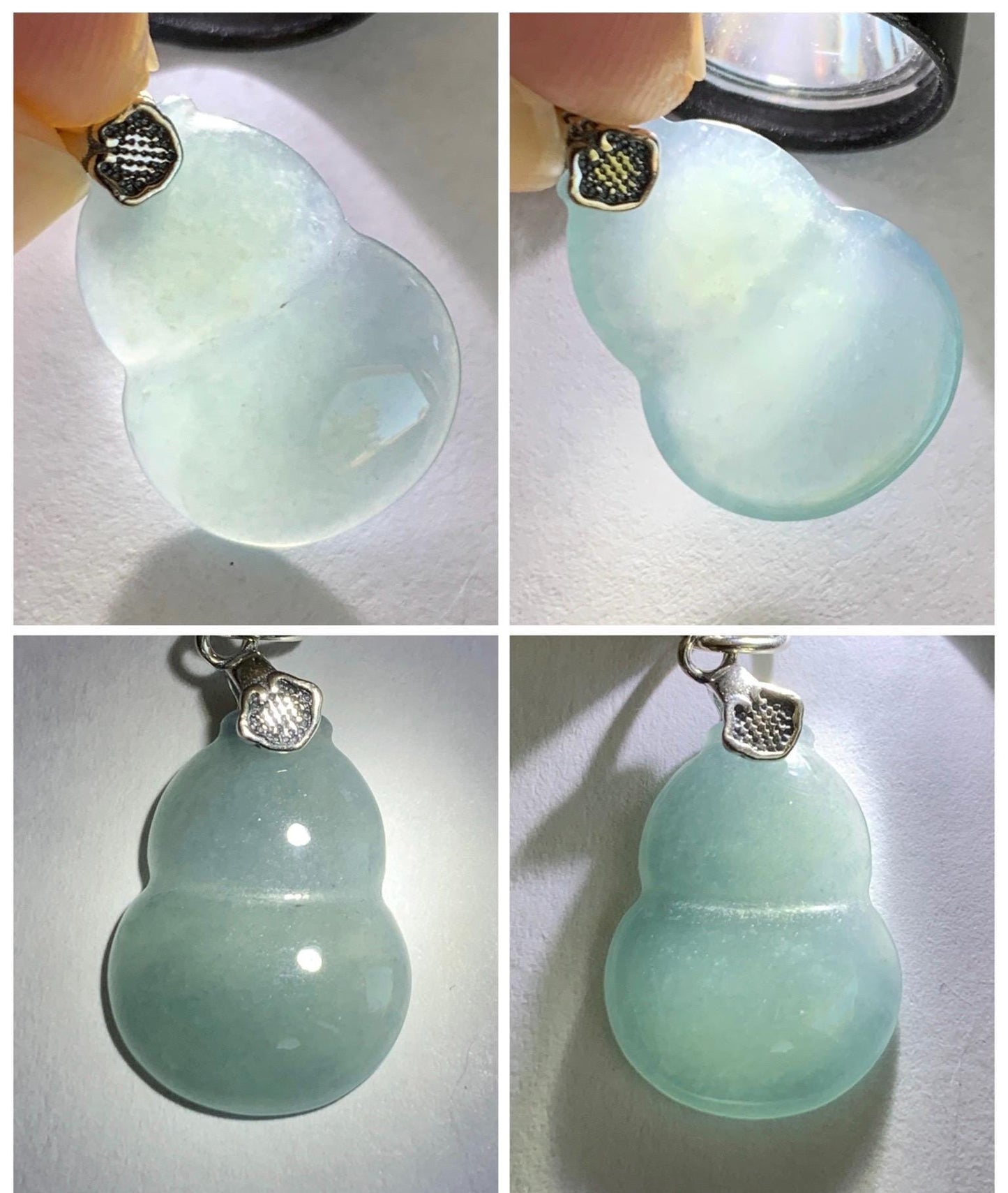 Natural Grade A Guatemalan Icy Highly Translucent Dusty Blue Jade Jadeite Gourd Hulu Pendant Sterling Silver 天然冰危蓝翡翠葫芦吊坠 WDB110-2