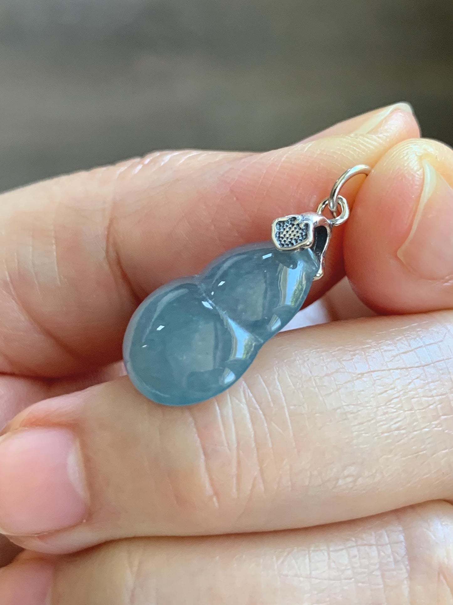 Natural Grade A Guatemalan Icy Highly Translucent Dusty Blue Jade Jadeite Gourd Hulu Pendant Sterling Silver 天然冰危蓝翡翠葫芦吊坠 WDB110-2