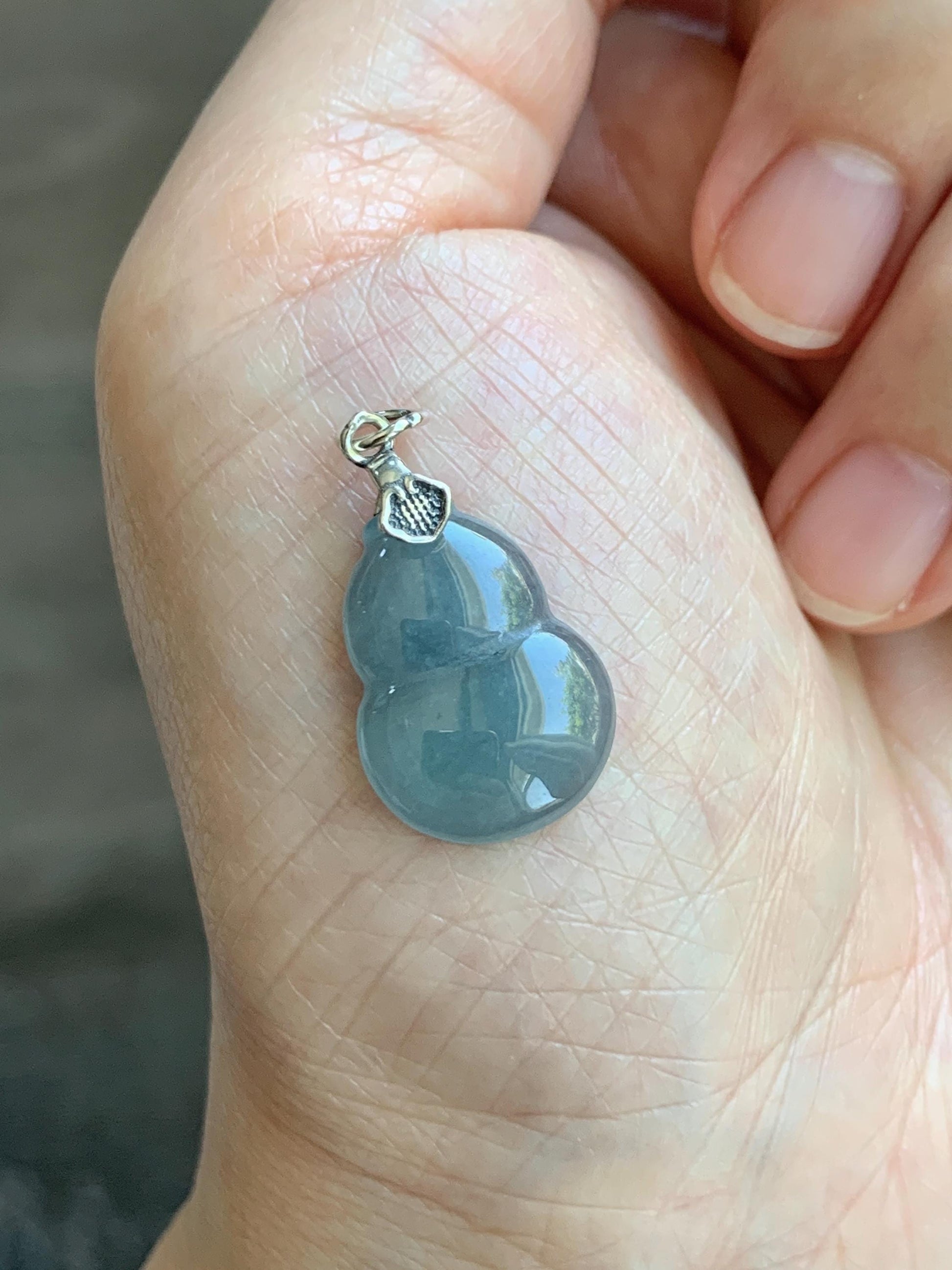 Natural Grade A Guatemalan Icy Highly Translucent Dusty Blue Jade Jadeite Gourd Hulu Pendant Sterling Silver 天然冰危蓝翡翠葫芦吊坠 WDB110-2