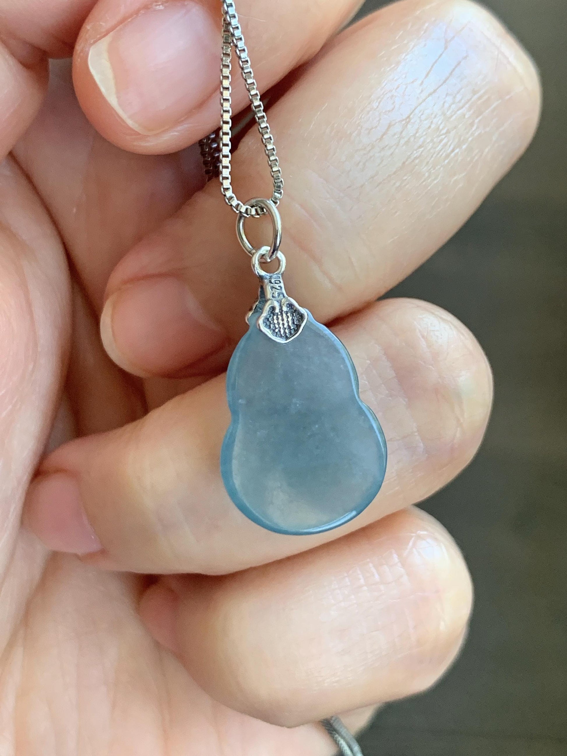 Natural Grade A Guatemalan Icy Highly Translucent Dusty Blue Jade Jadeite Gourd Hulu Pendant Sterling Silver 天然冰危蓝翡翠葫芦吊坠 WDB110-2