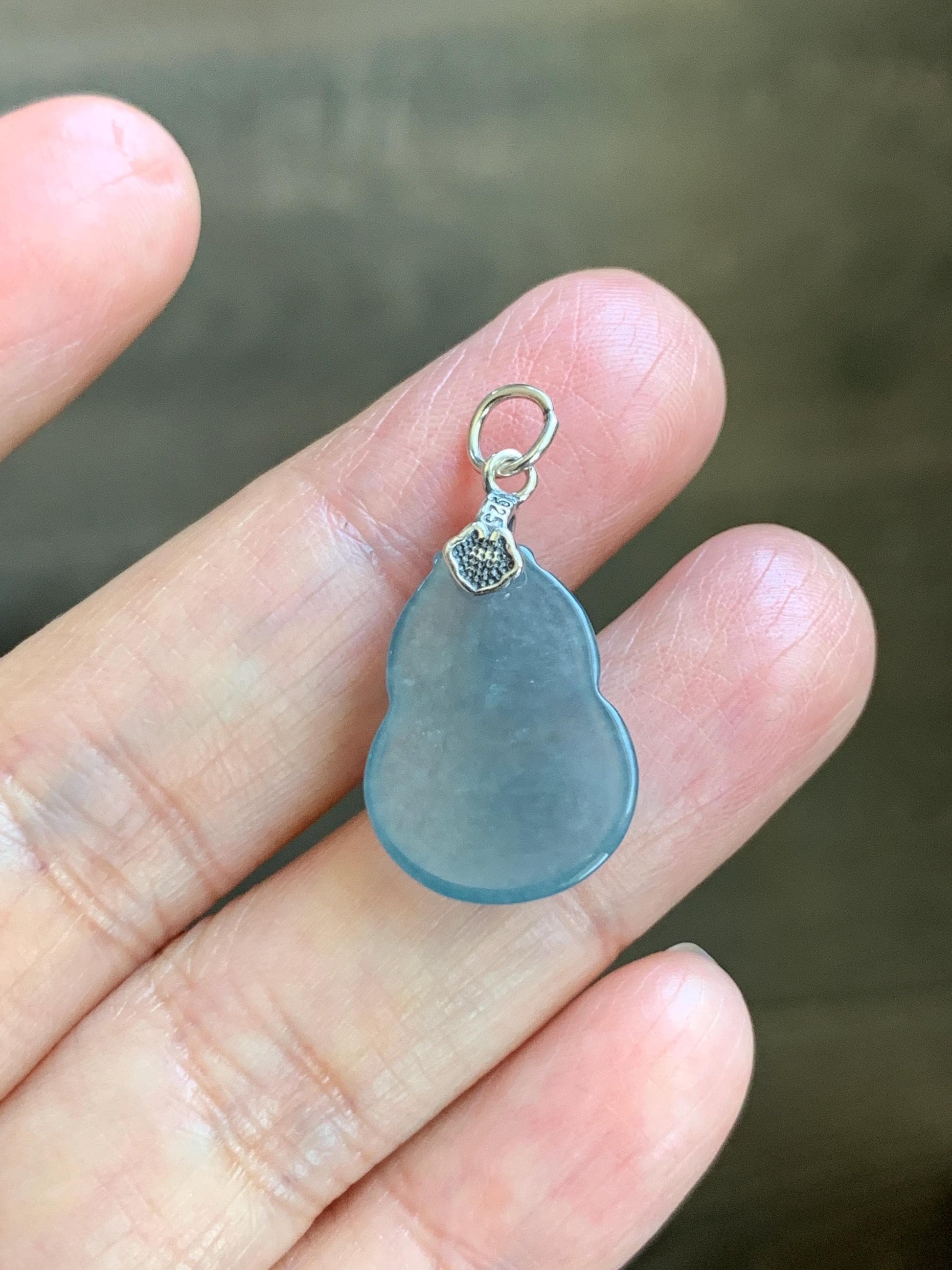Natural Grade A Guatemalan Icy Highly Translucent Dusty Blue Jade Jadeite Gourd Hulu Pendant Sterling Silver 天然冰危蓝翡翠葫芦吊坠 WDB110-2