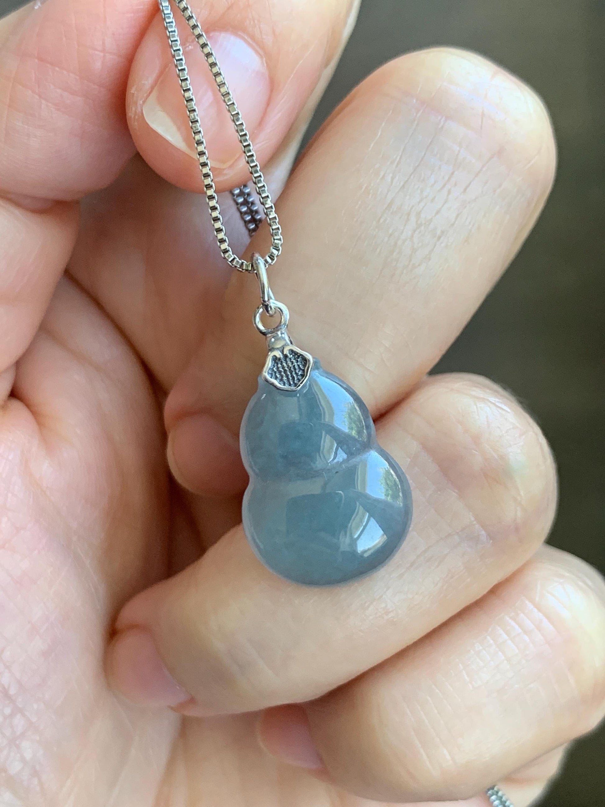 Natural Grade A Guatemalan Icy Highly Translucent Dusty Blue Jade Jadeite Gourd Hulu Pendant Sterling Silver 天然冰危蓝翡翠葫芦吊坠 WDB110-2