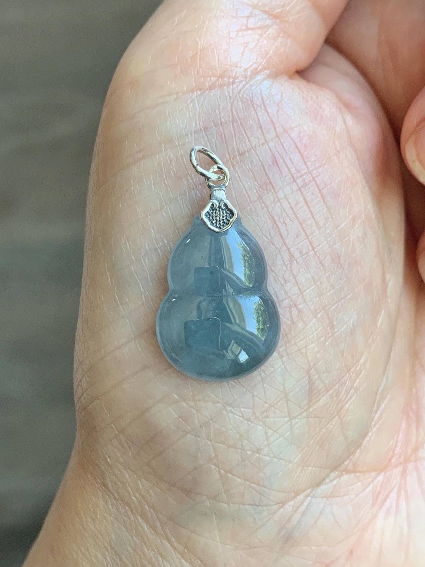 Natural Grade A Guatemalan Icy Highly Translucent Dusty Blue Jade Jadeite Gourd Hulu Pendant Sterling Silver 天然冰危蓝翡翠葫芦吊坠 WDB110-1