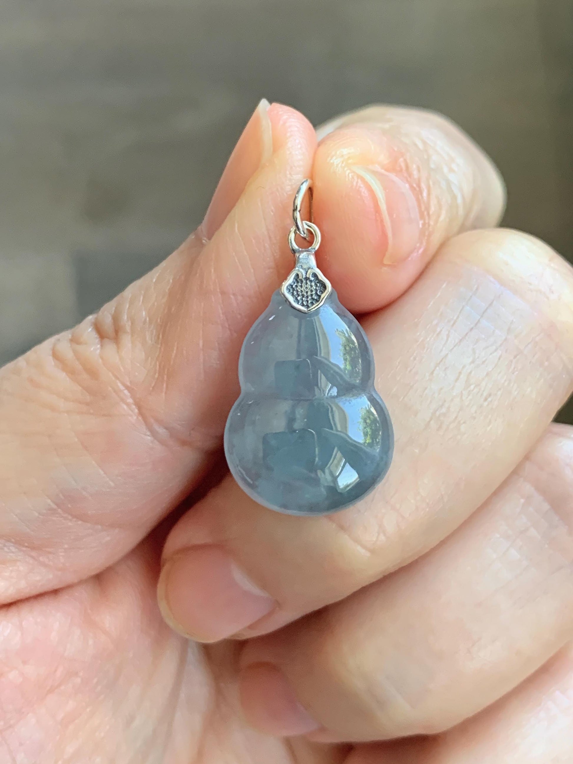 Natural Grade A Guatemalan Icy Highly Translucent Dusty Blue Jade Jadeite Gourd Hulu Pendant Sterling Silver 天然冰危蓝翡翠葫芦吊坠 WDB110-1
