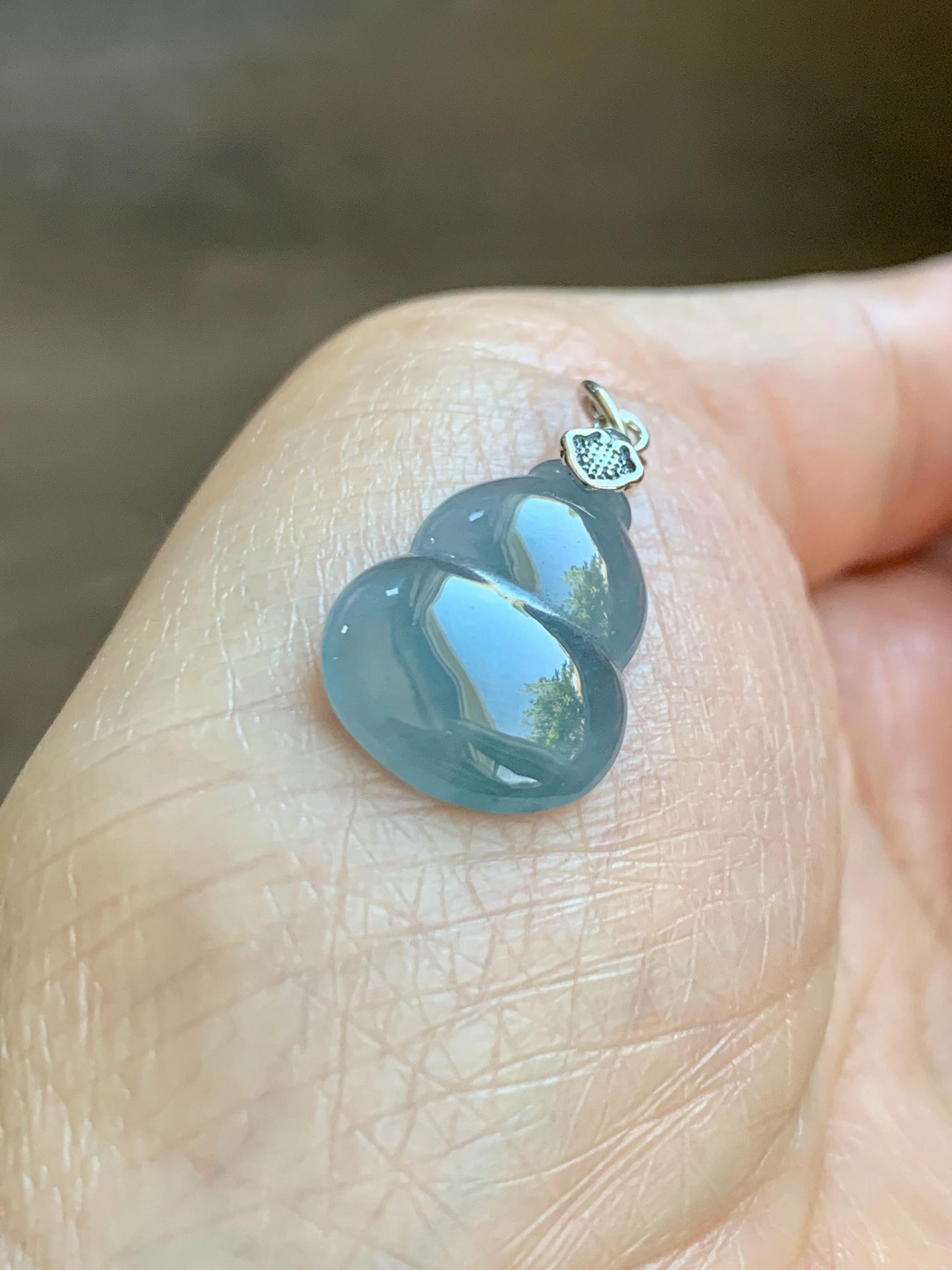 Natural Grade A Guatemalan Icy Highly Translucent Dusty Blue Jade Jadeite Gourd Hulu Pendant Sterling Silver 天然冰危蓝翡翠葫芦吊坠 WDB110-1