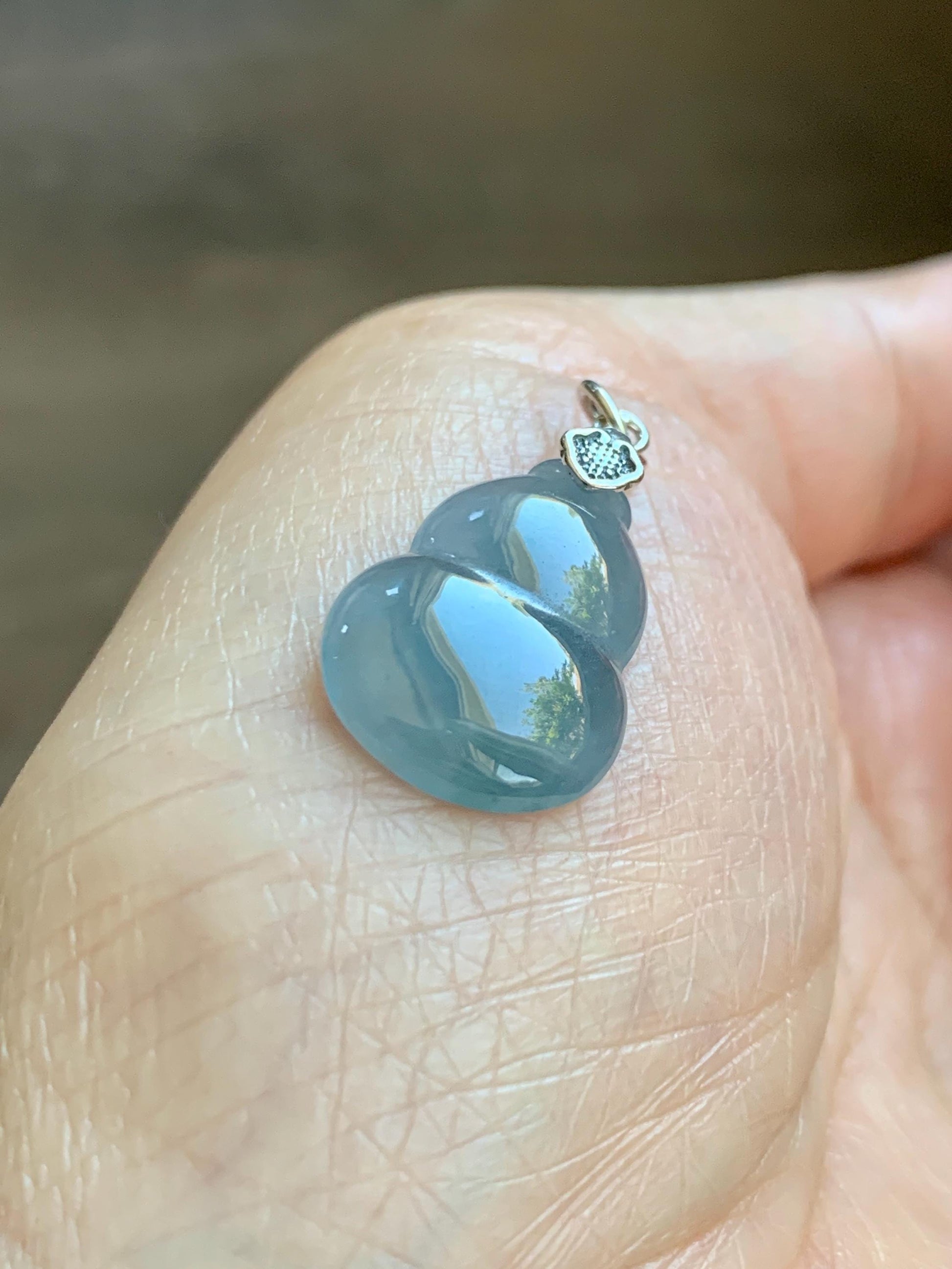 Natural Grade A Guatemalan Icy Highly Translucent Dusty Blue Jade Jadeite Gourd Hulu Pendant Sterling Silver 天然冰危蓝翡翠葫芦吊坠 WDB110-1