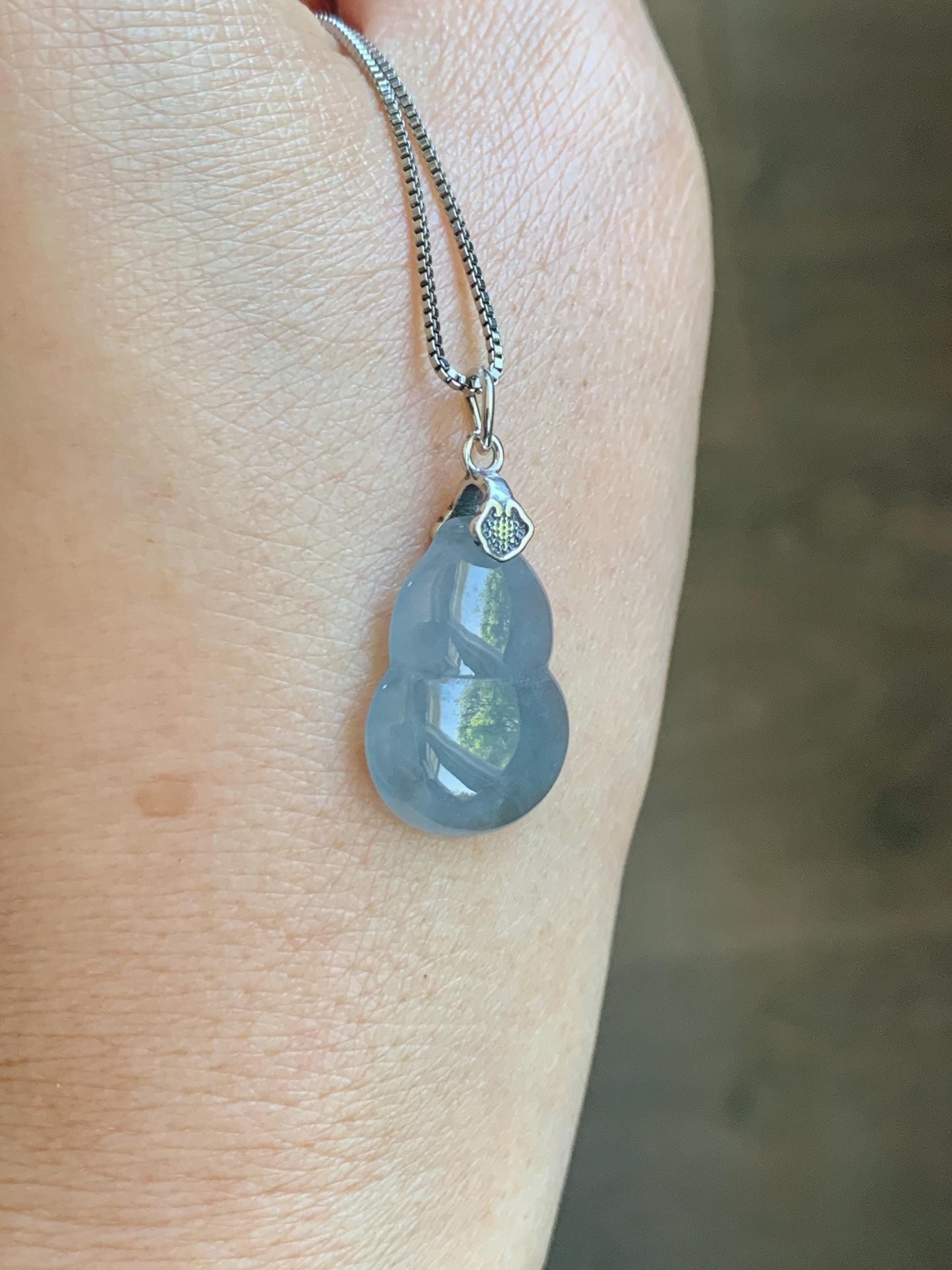 Natural Grade A Guatemalan Icy Highly Translucent Dusty Blue Jade Jadeite Gourd Hulu Pendant Sterling Silver 天然冰危蓝翡翠葫芦吊坠 WDB110-1