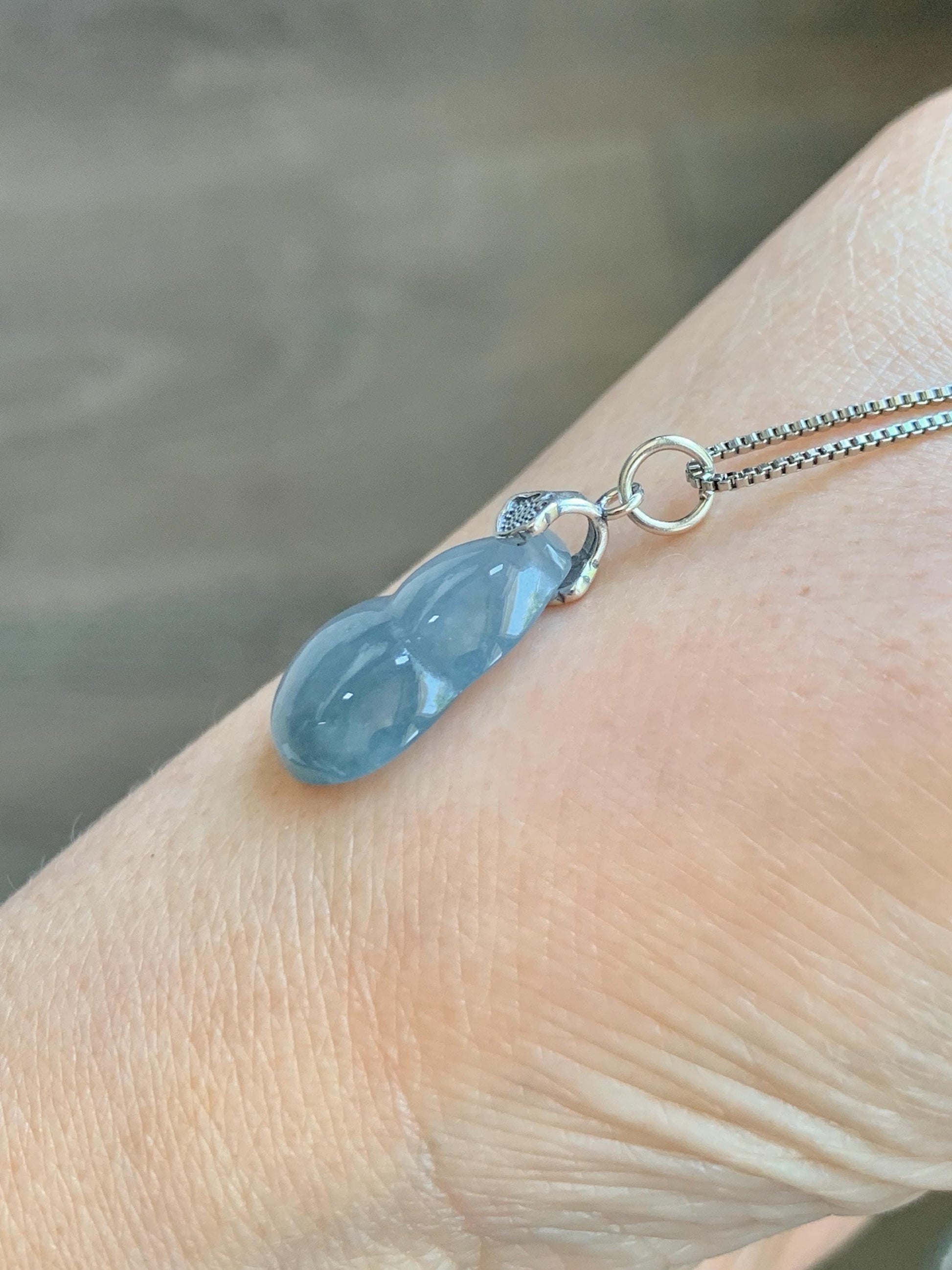 Natural Grade A Guatemalan Icy Highly Translucent Dusty Blue Jade Jadeite Gourd Hulu Pendant Sterling Silver 天然冰危蓝翡翠葫芦吊坠 WDB110-1