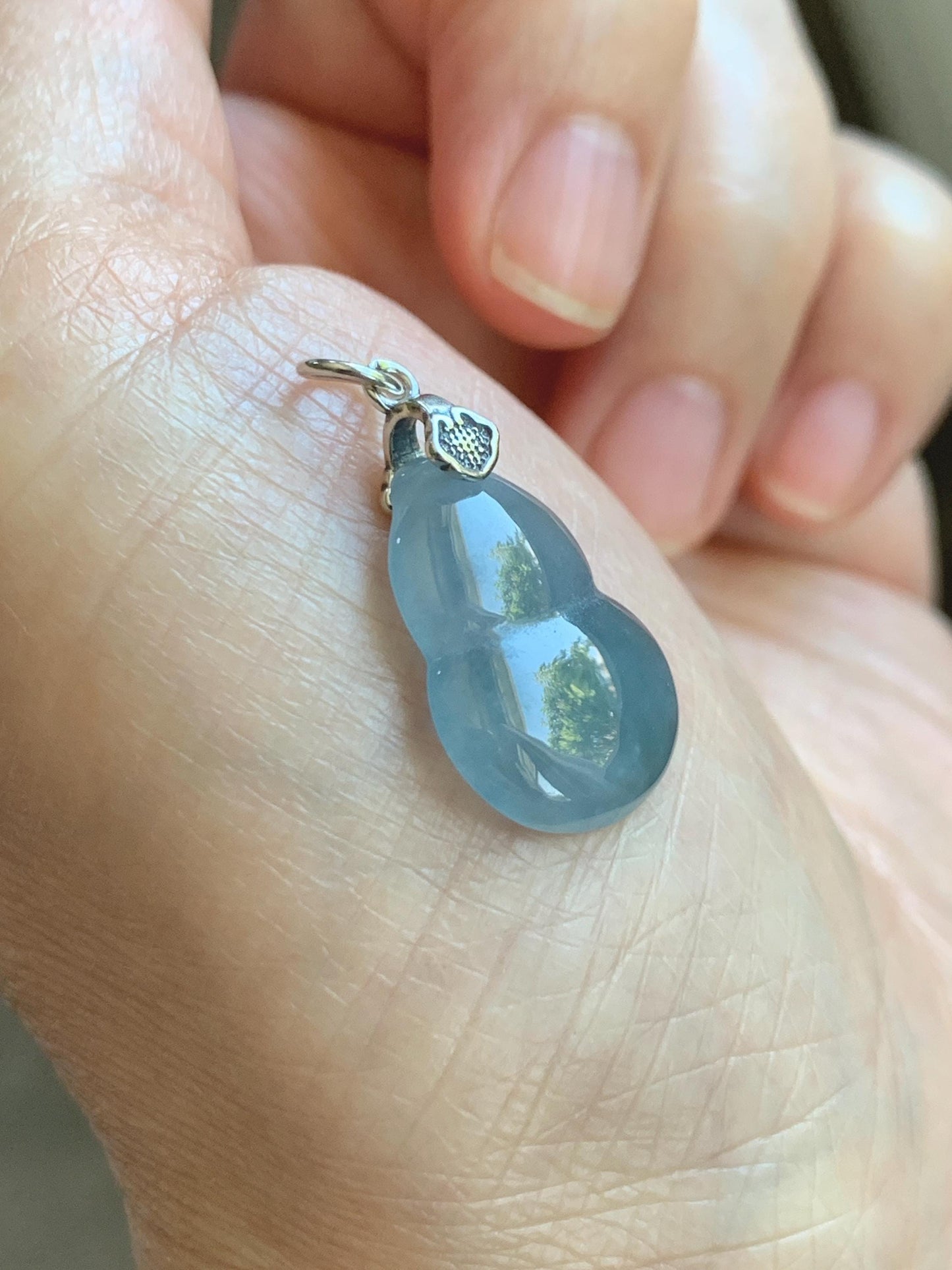 Natural Grade A Guatemalan Icy Highly Translucent Dusty Blue Jade Jadeite Gourd Hulu Pendant Sterling Silver 天然冰危蓝翡翠葫芦吊坠 WDB110-1