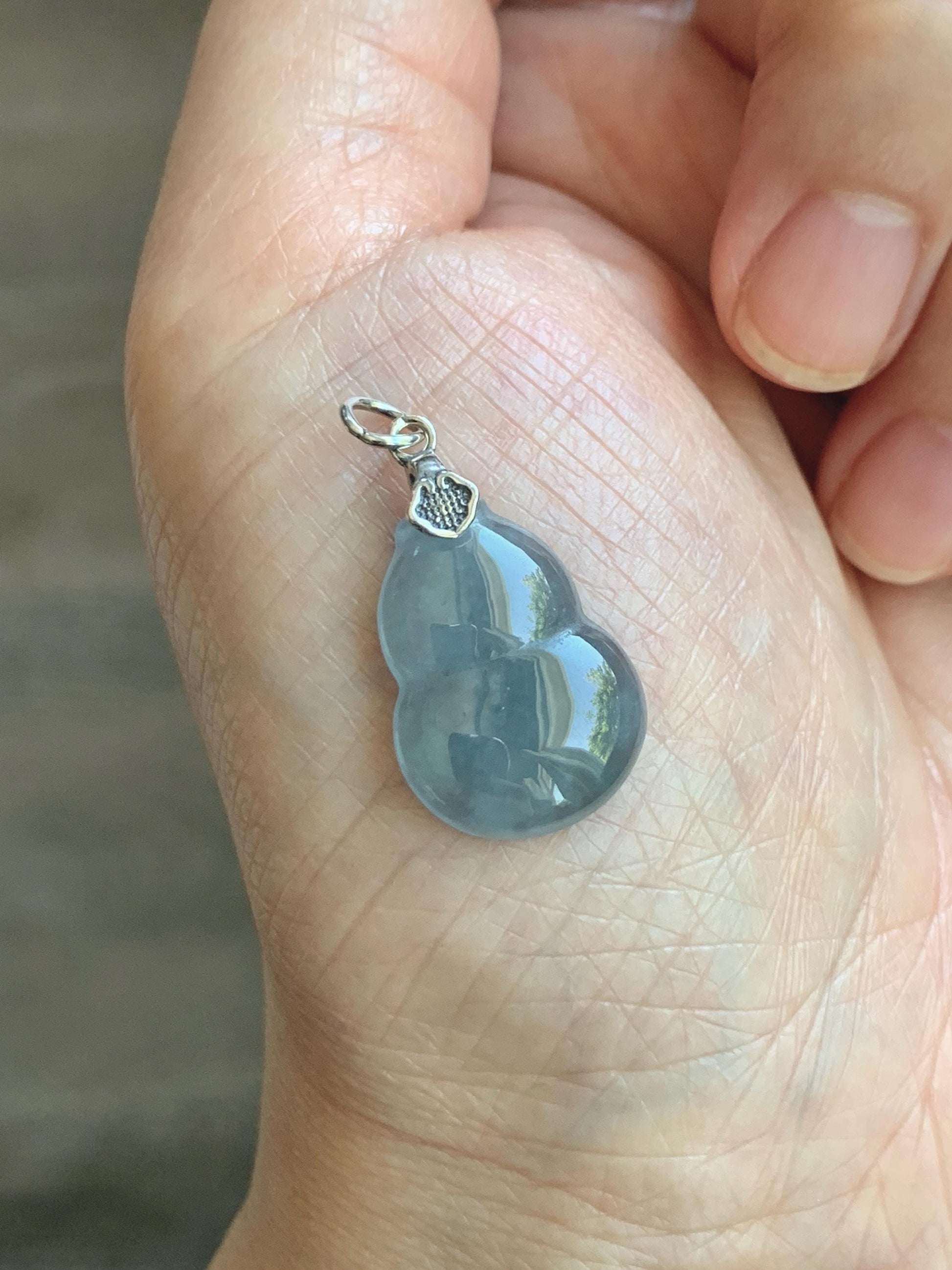 Natural Grade A Guatemalan Icy Highly Translucent Dusty Blue Jade Jadeite Gourd Hulu Pendant Sterling Silver 天然冰危蓝翡翠葫芦吊坠 WDB110-1