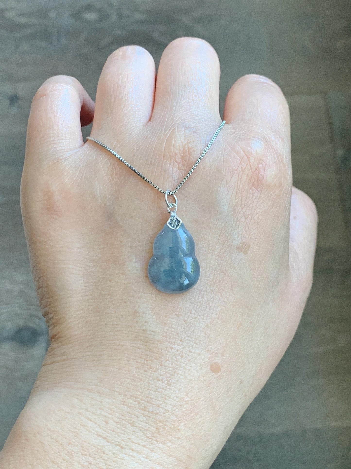 Natural Grade A Guatemalan Icy Highly Translucent Dusty Blue Jade Jadeite Gourd Hulu Pendant Sterling Silver 天然冰危蓝翡翠葫芦吊坠 WDB110-1