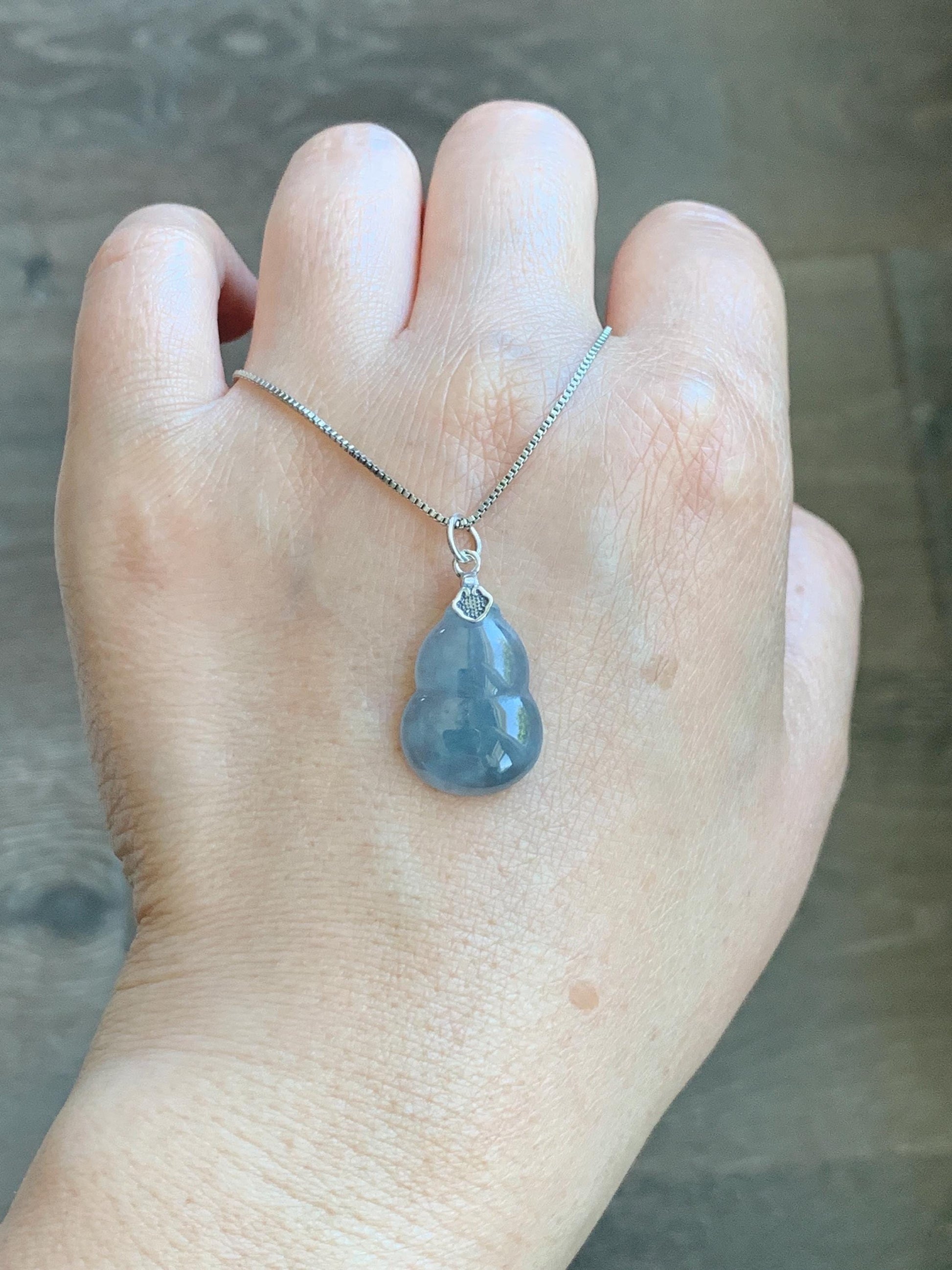 Natural Grade A Guatemalan Icy Highly Translucent Dusty Blue Jade Jadeite Gourd Hulu Pendant Sterling Silver 天然冰危蓝翡翠葫芦吊坠 WDB110-1