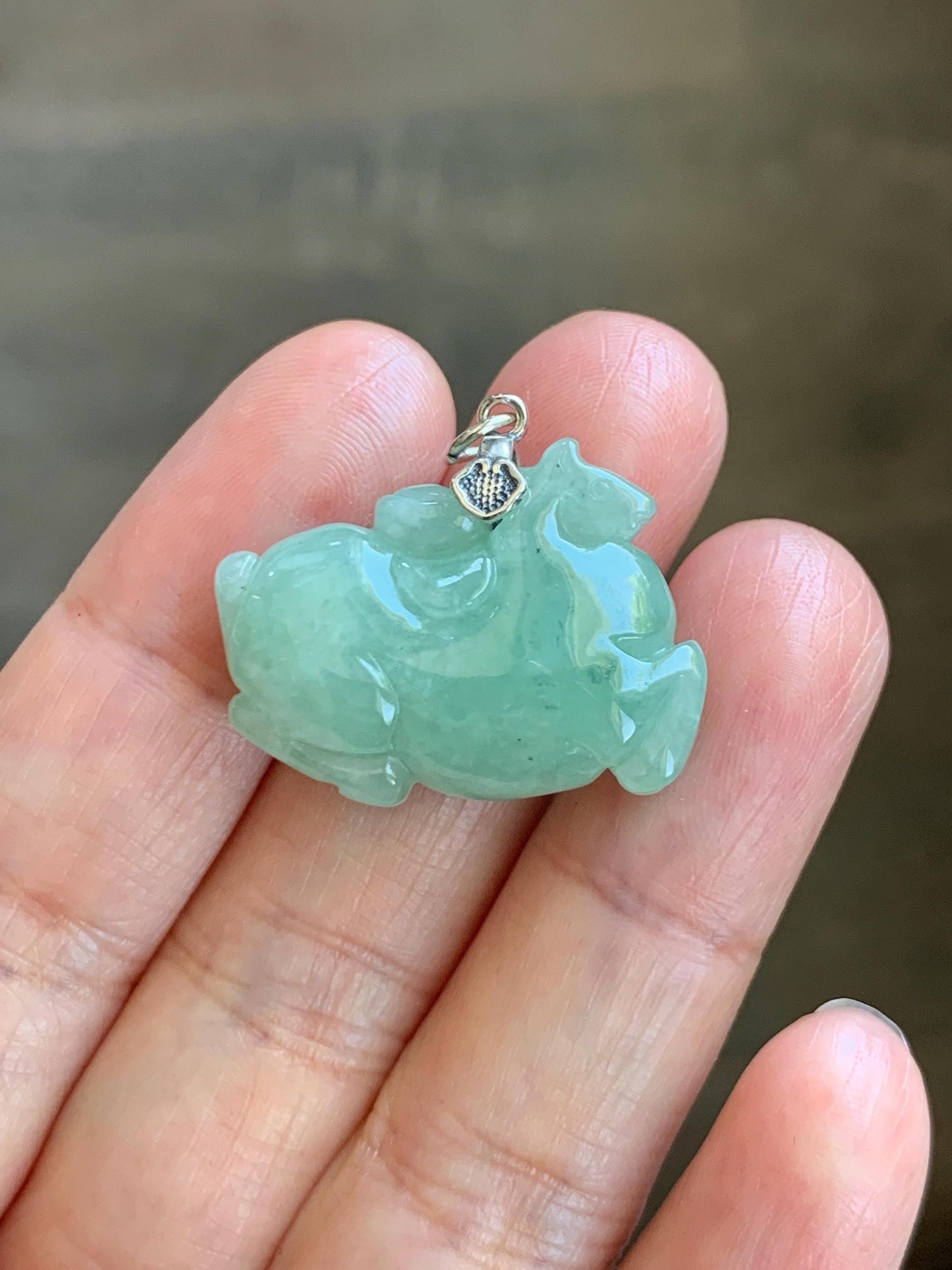 Natural Grade A Icy Translucent Icy Light Apple Green Jade Jadeite Carved Tang Horse Pendant Sterling Silver 10g 天然冰浅果绿翡翠唐马银镶吊坠 MGL160A
