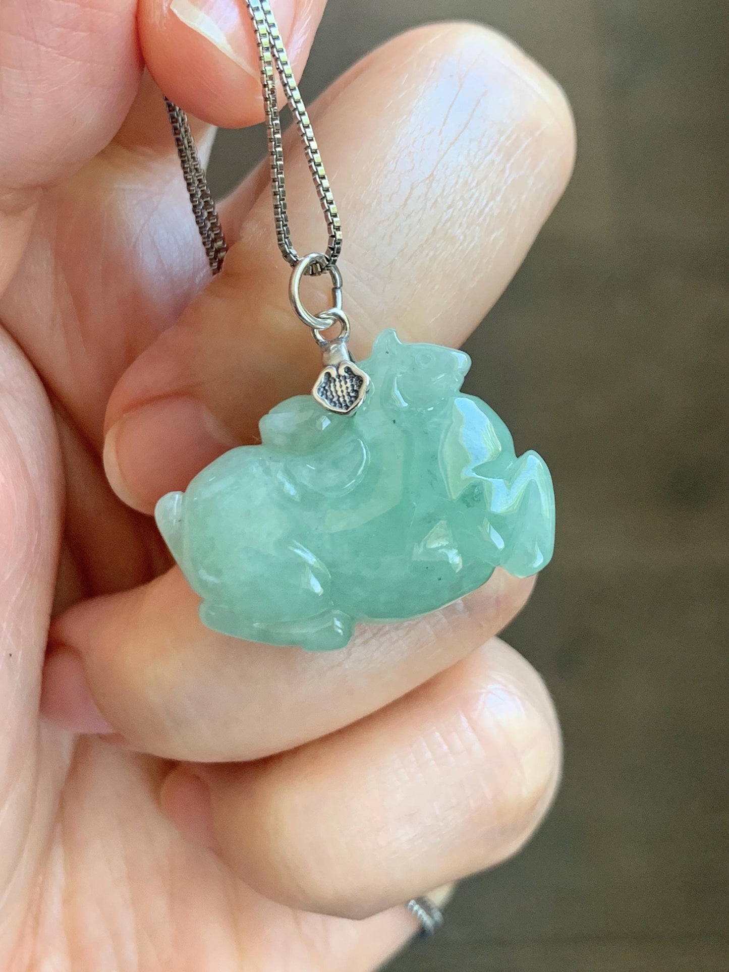 Natural Grade A Icy Translucent Icy Light Apple Green Jade Jadeite Carved Tang Horse Pendant Sterling Silver 10g 天然冰浅果绿翡翠唐马银镶吊坠 MGL160A