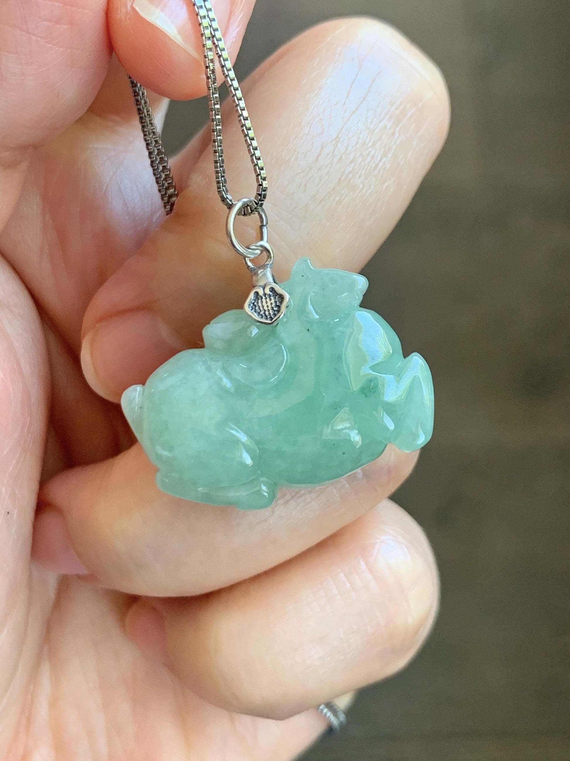 Natural Grade A Icy Translucent Icy Light Apple Green Jade Jadeite Carved Tang Horse Pendant Sterling Silver 10g 天然冰浅果绿翡翠唐马银镶吊坠 MGL160A