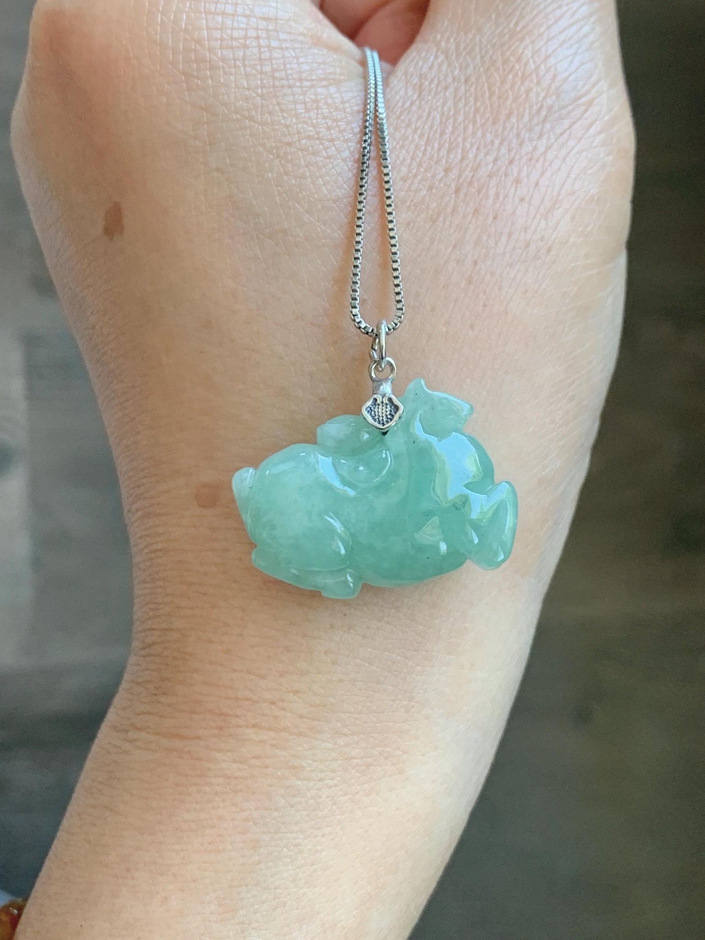 Natural Grade A Icy Translucent Icy Light Apple Green Jade Jadeite Carved Tang Horse Pendant Sterling Silver 10g 天然冰浅果绿翡翠唐马银镶吊坠 MGL160A