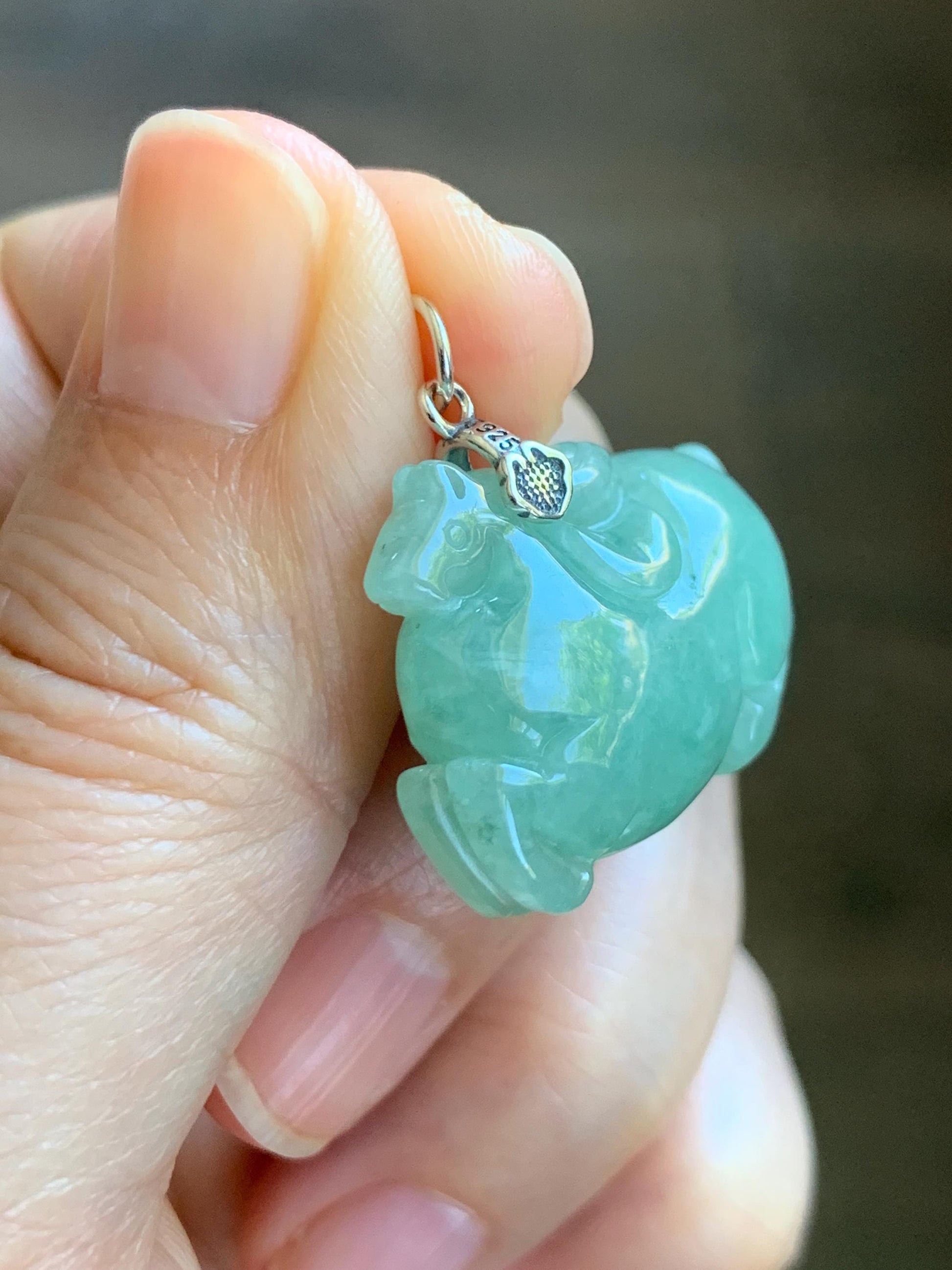 Natural Grade A Icy Translucent Icy Light Apple Green Jade Jadeite Carved Tang Horse Pendant Sterling Silver 10g 天然冰浅果绿翡翠唐马银镶吊坠 MGL160A