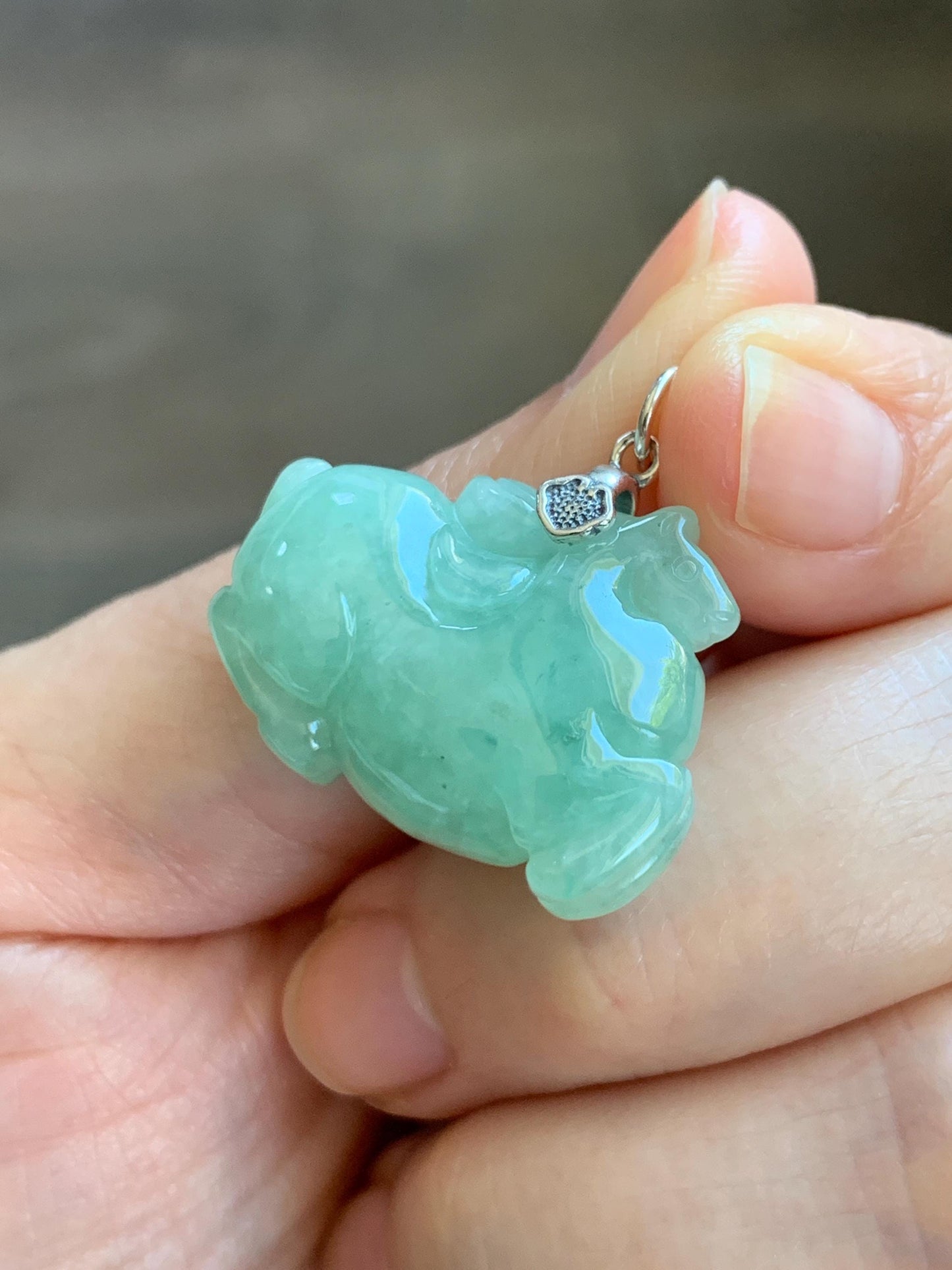 Natural Grade A Icy Translucent Icy Light Apple Green Jade Jadeite Carved Tang Horse Pendant Sterling Silver 10g 天然冰浅果绿翡翠唐马银镶吊坠 MGL160A