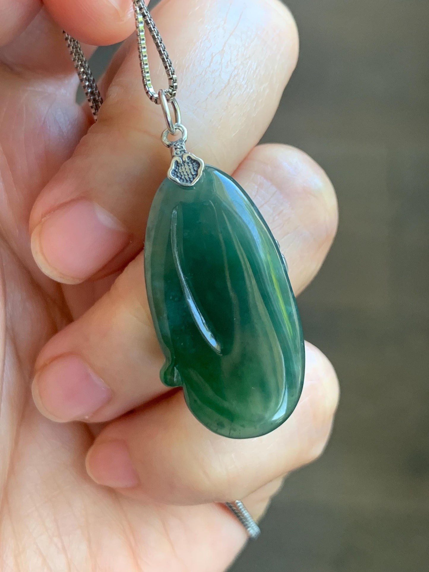 Natural Type A Guatemalan Icy Translucent Dark Teal Green Marbled Jade Jadeite Lotus Flower Fish Pendant Sterling Silver 天然冰危蓝绿翡翠荷花鱼吊坠WLY192
