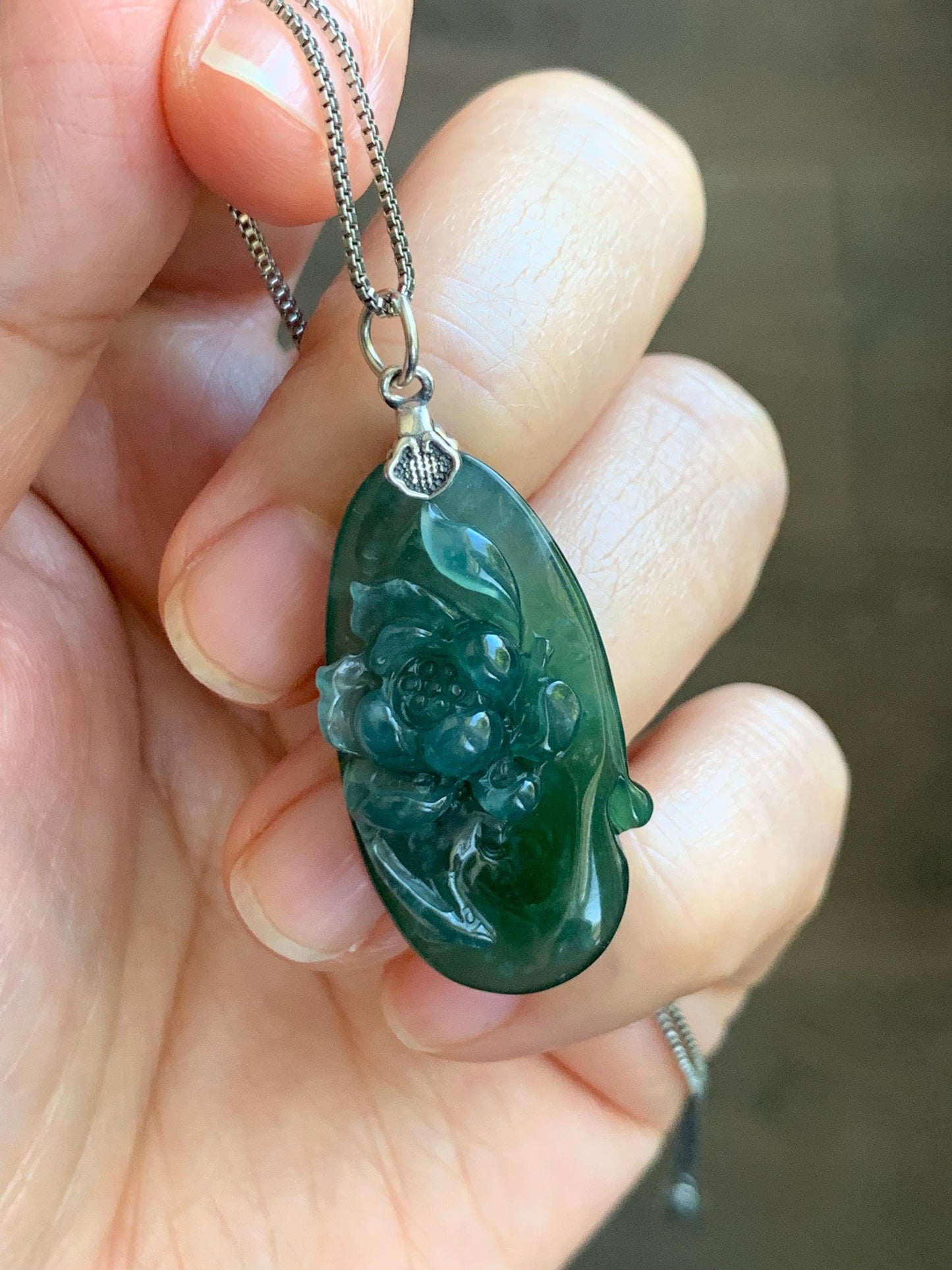Natural Type A Guatemalan Icy Translucent Dark Teal Green Marbled Jade Jadeite Lotus Flower Fish Pendant Sterling Silver 天然冰危蓝绿翡翠荷花鱼吊坠WLY192