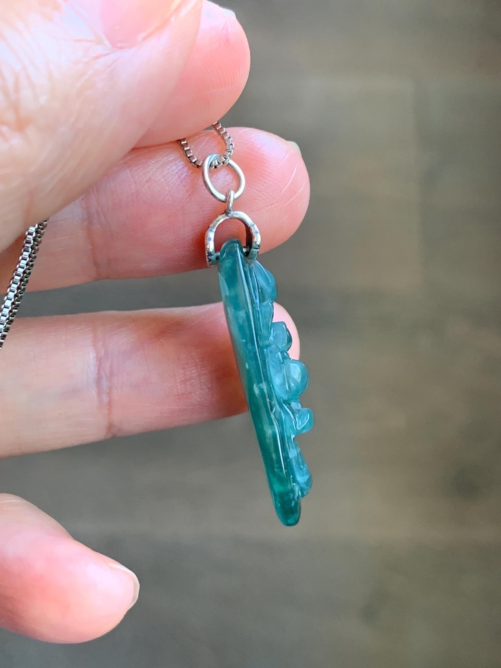 Natural Type A Guatemalan Icy Translucent Dark Teal Green Marbled Jade Jadeite Lotus Flower Fish Pendant Sterling Silver 天然冰危蓝绿翡翠荷花鱼吊坠WLY192