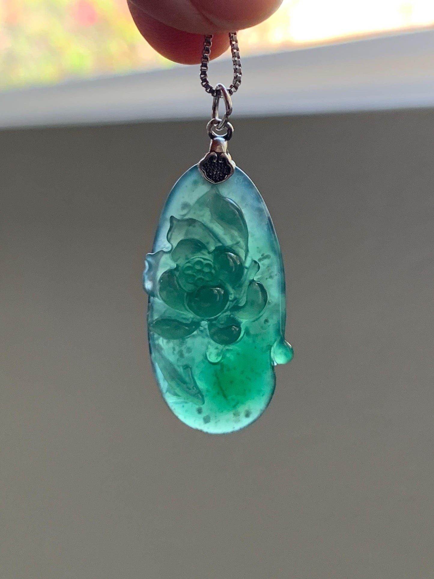 Natural Type A Guatemalan Icy Translucent Dark Teal Green Marbled Jade Jadeite Lotus Flower Fish Pendant Sterling Silver 天然冰危蓝绿翡翠荷花鱼吊坠WLY192