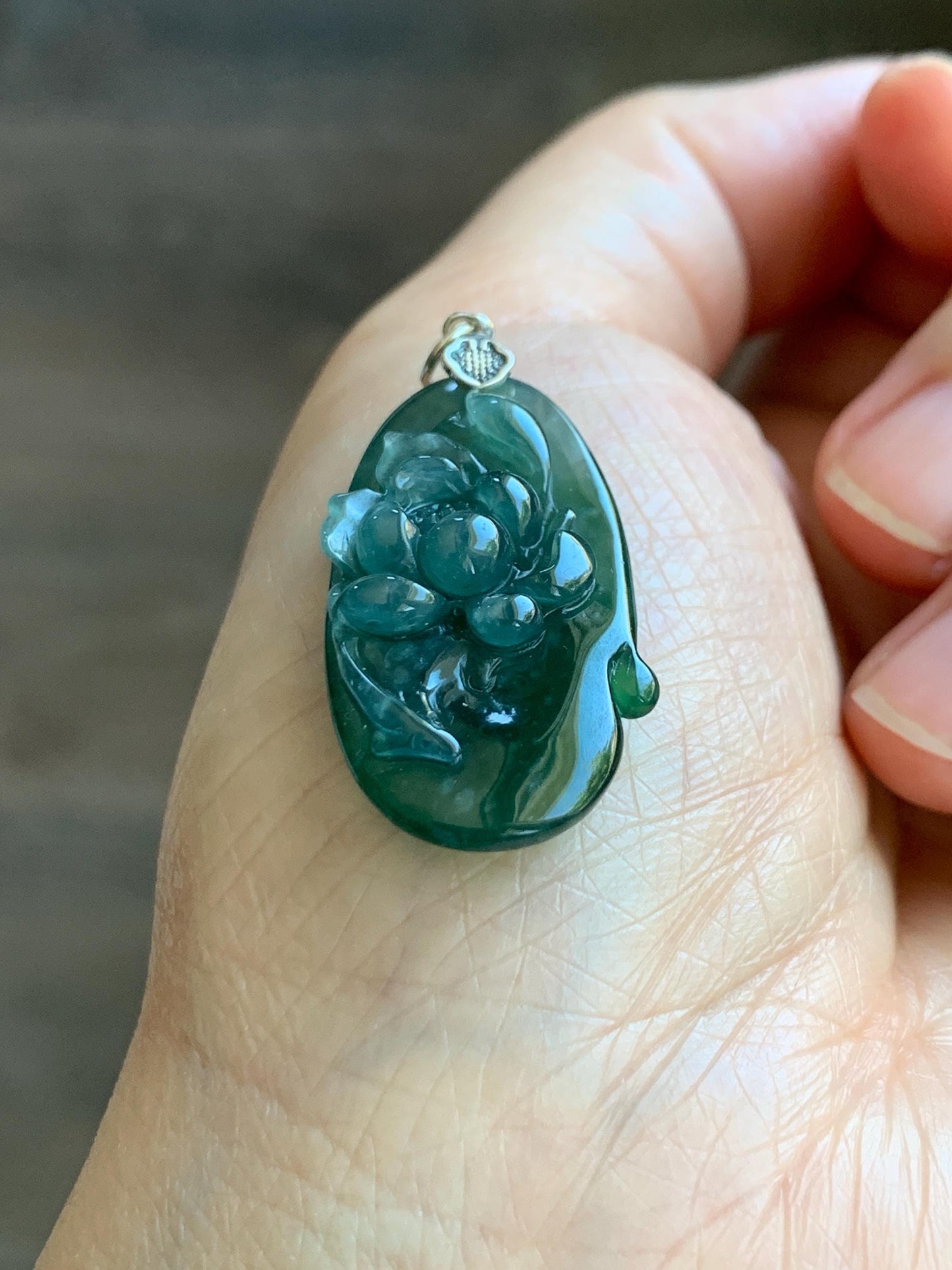 Natural Type A Guatemalan Icy Translucent Dark Teal Green Marbled Jade Jadeite Lotus Flower Fish Pendant Sterling Silver 天然冰危蓝绿翡翠荷花鱼吊坠WLY192