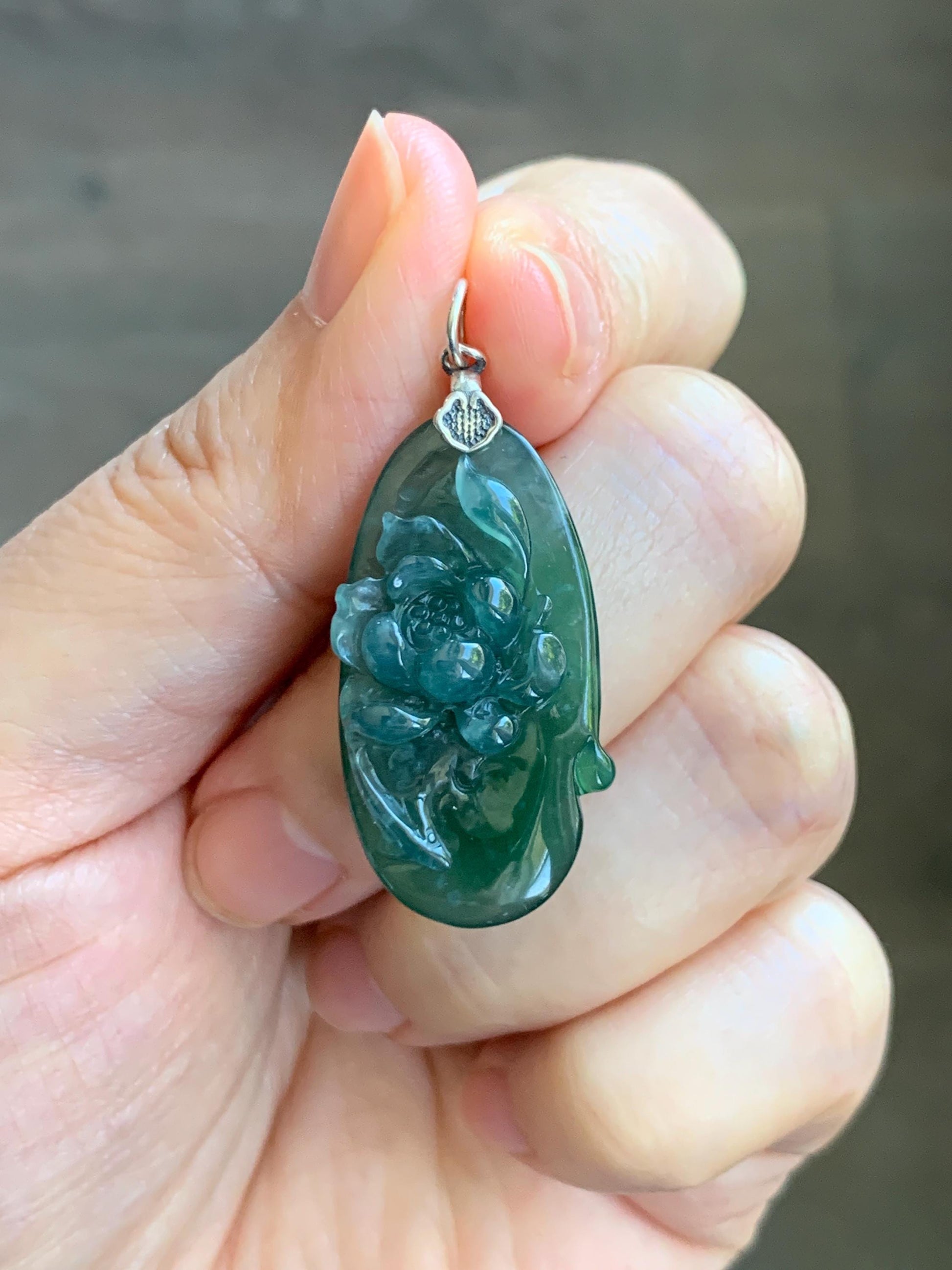 Natural Type A Guatemalan Icy Translucent Dark Teal Green Marbled Jade Jadeite Lotus Flower Fish Pendant Sterling Silver 天然冰危蓝绿翡翠荷花鱼吊坠WLY192