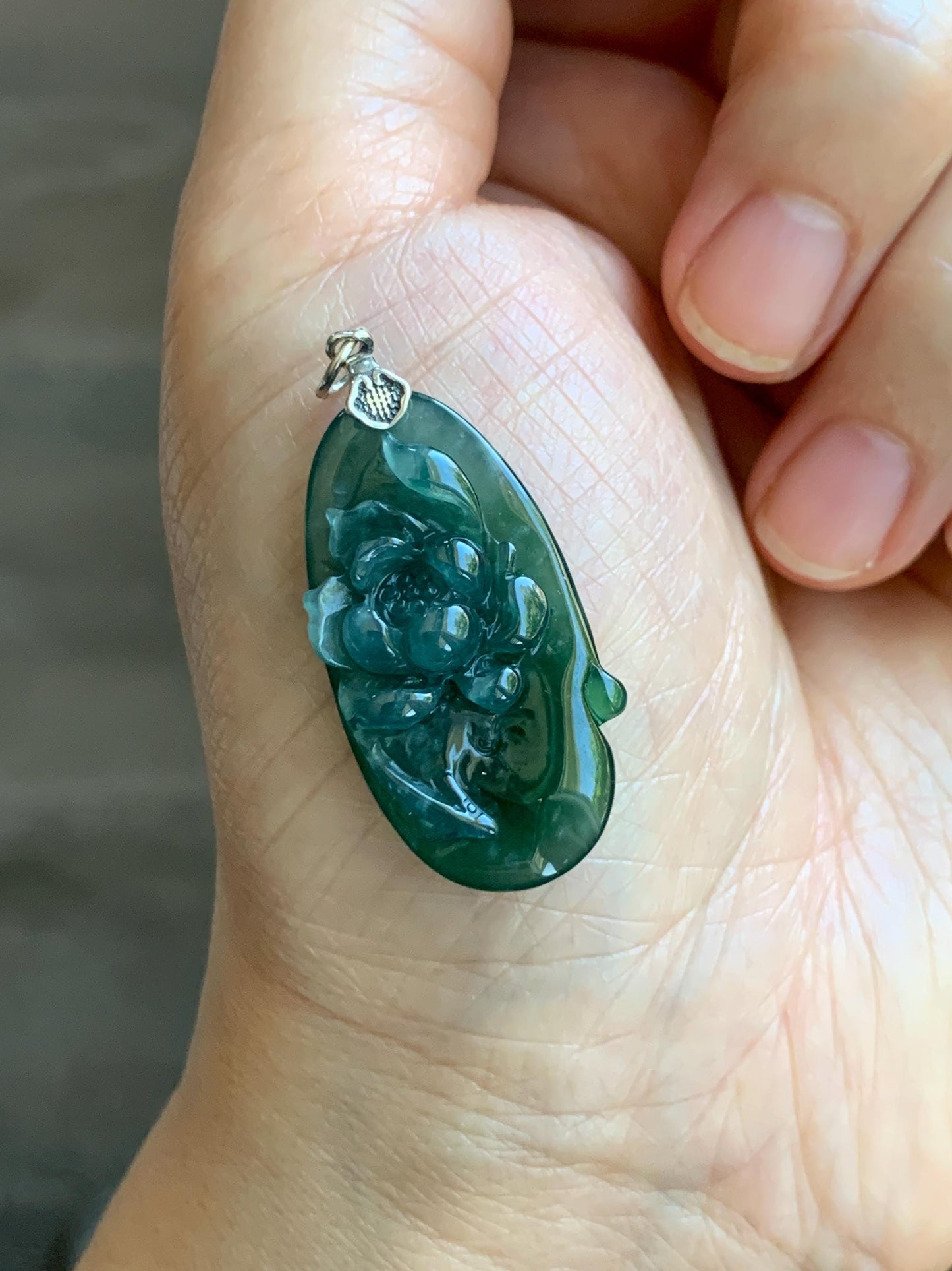 Natural Type A Guatemalan Icy Translucent Dark Teal Green Marbled Jade Jadeite Lotus Flower Fish Pendant Sterling Silver 天然冰危蓝绿翡翠荷花鱼吊坠WLY192