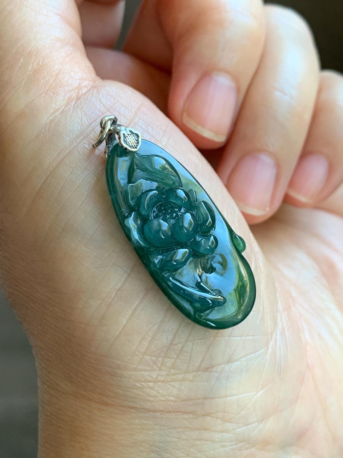 Natural Type A Guatemalan Icy Translucent Dark Teal Green Marbled Jade Jadeite Lotus Flower Fish Pendant Sterling Silver 天然冰危蓝绿翡翠荷花鱼吊坠WLY192