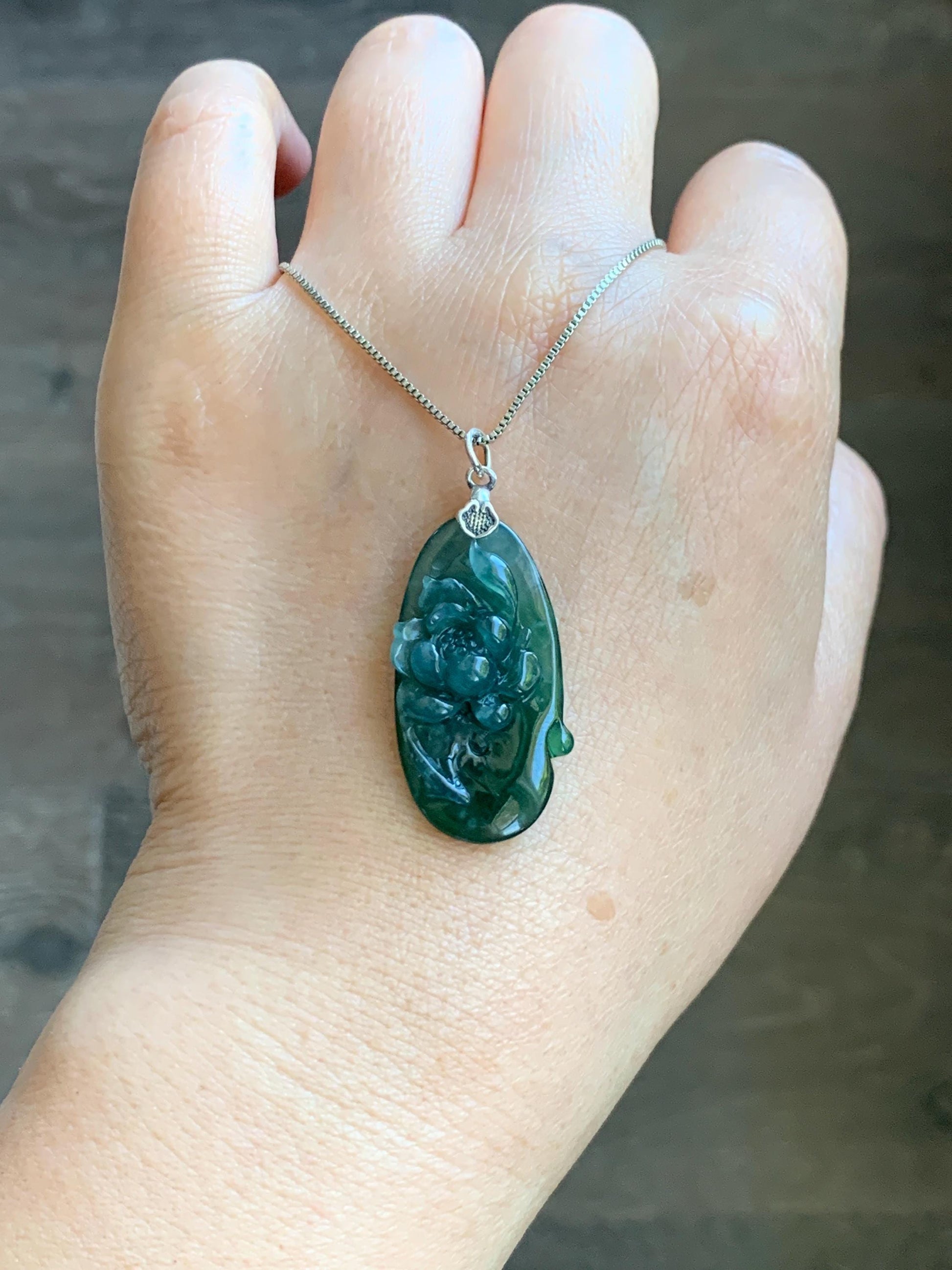 Natural Type A Guatemalan Icy Translucent Dark Teal Green Marbled Jade Jadeite Lotus Flower Fish Pendant Sterling Silver 天然冰危蓝绿翡翠荷花鱼吊坠WLY192