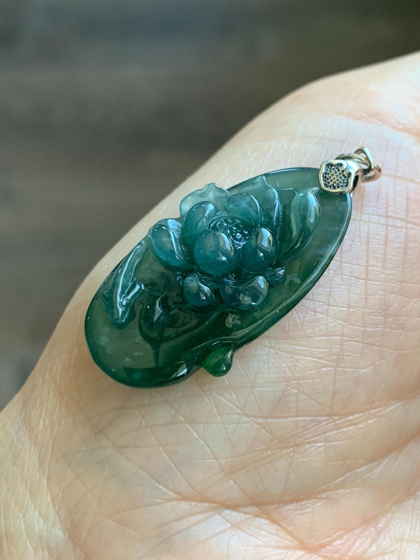 Natural Type A Guatemalan Icy Translucent Dark Teal Green Marbled Jade Jadeite Lotus Flower Fish Pendant Sterling Silver 天然冰危蓝绿翡翠荷花鱼吊坠WLY192