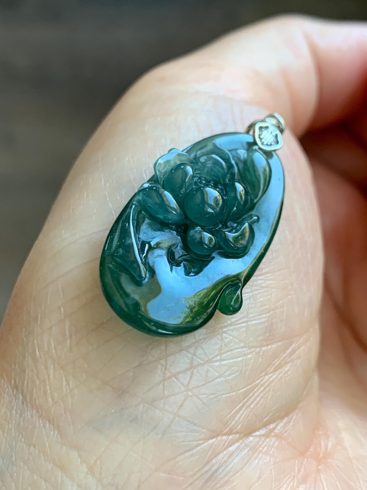Natural Type A Guatemalan Icy Translucent Dark Teal Green Marbled Jade Jadeite Lotus Flower Fish Pendant Sterling Silver 天然冰危蓝绿翡翠荷花鱼吊坠WLY192