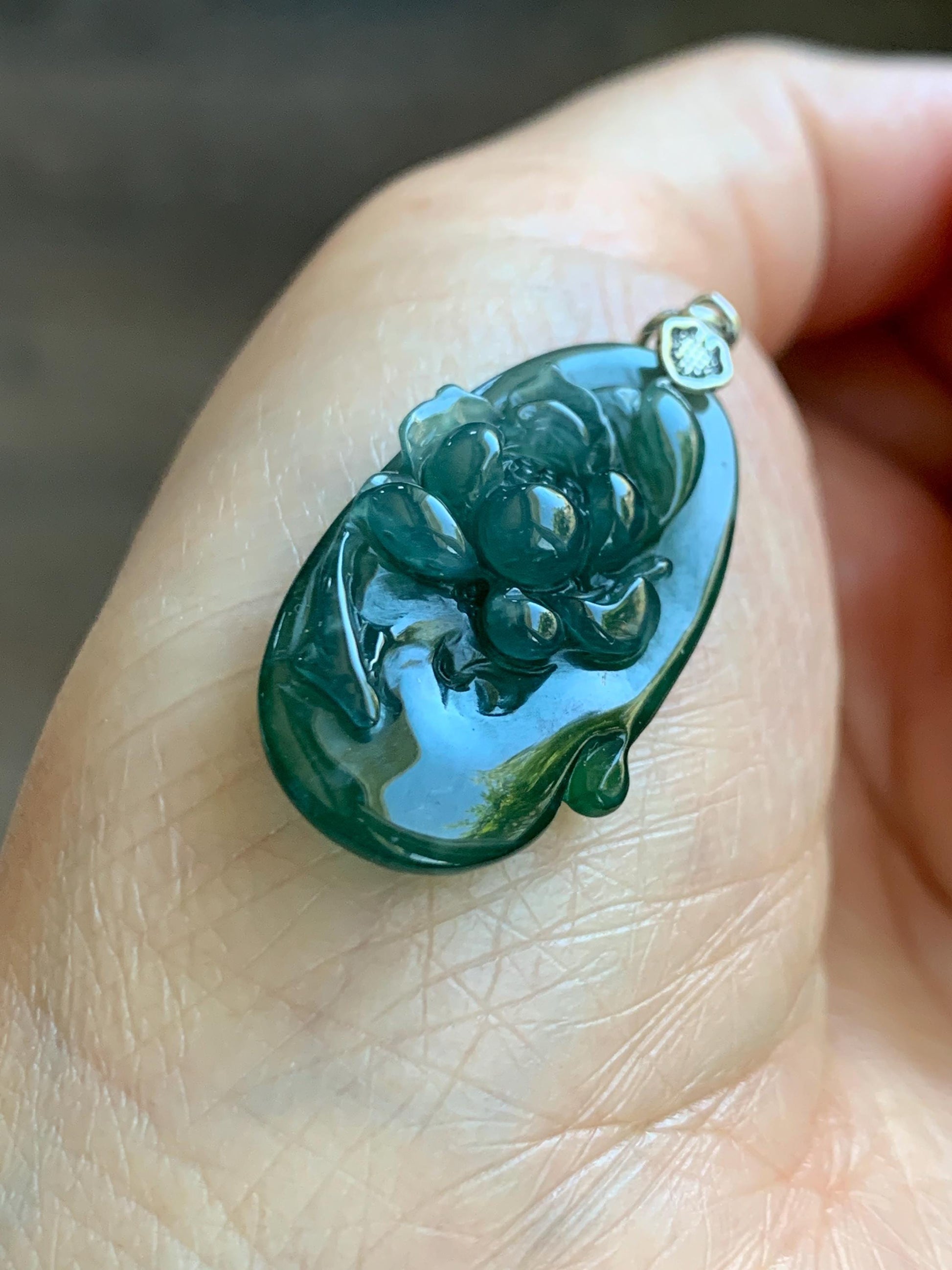 Natural Type A Guatemalan Icy Translucent Dark Teal Green Marbled Jade Jadeite Lotus Flower Fish Pendant Sterling Silver 天然冰危蓝绿翡翠荷花鱼吊坠WLY192