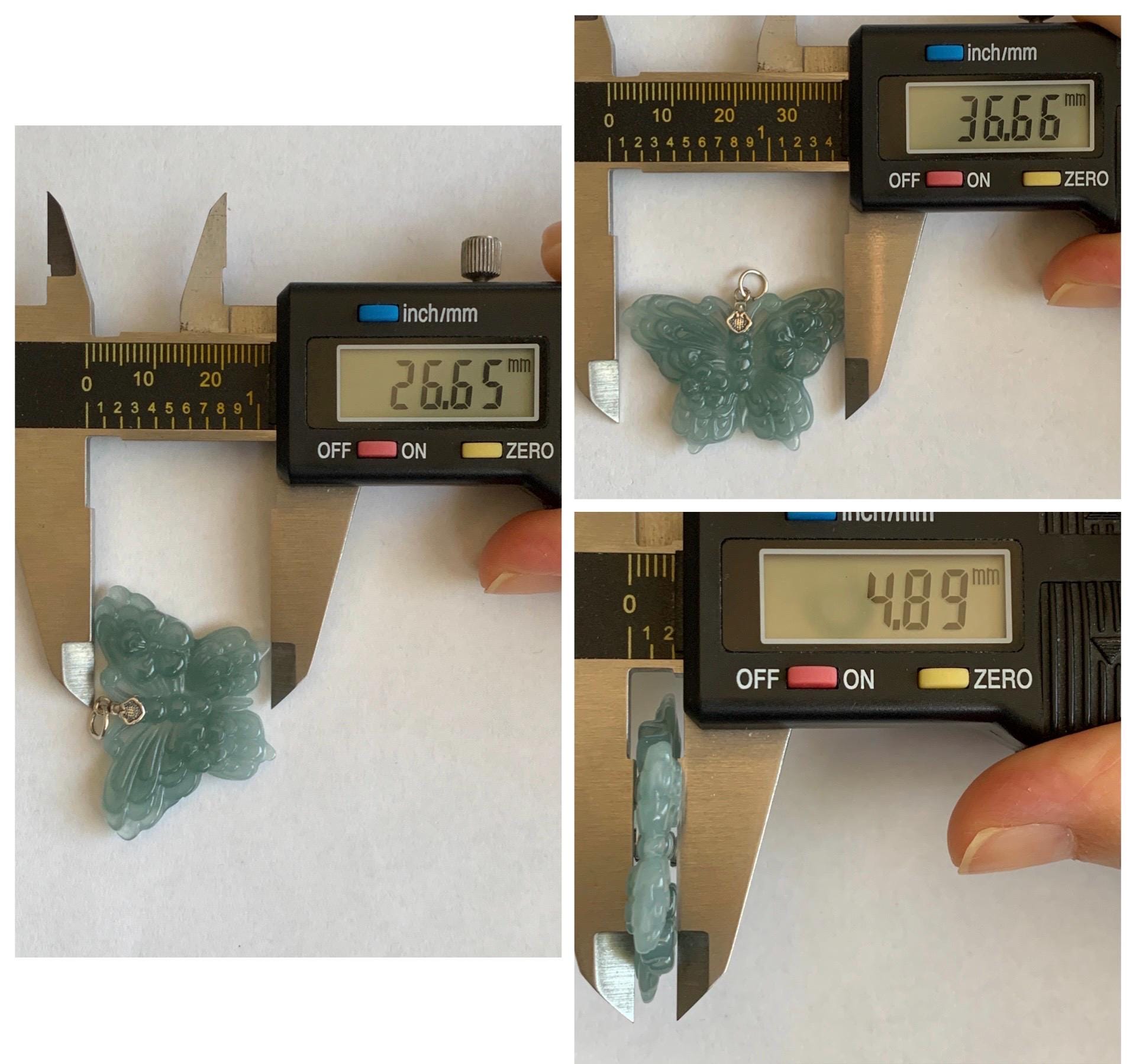 Natural Grade A Guatemalan Icy Translucent Dusty Teal Green Jade Jadeite Carved Butterfly Pendant Sterling Silver 7g 天然冰危暗蓝绿翡翠蝴蝶吊坠 WHZ110B