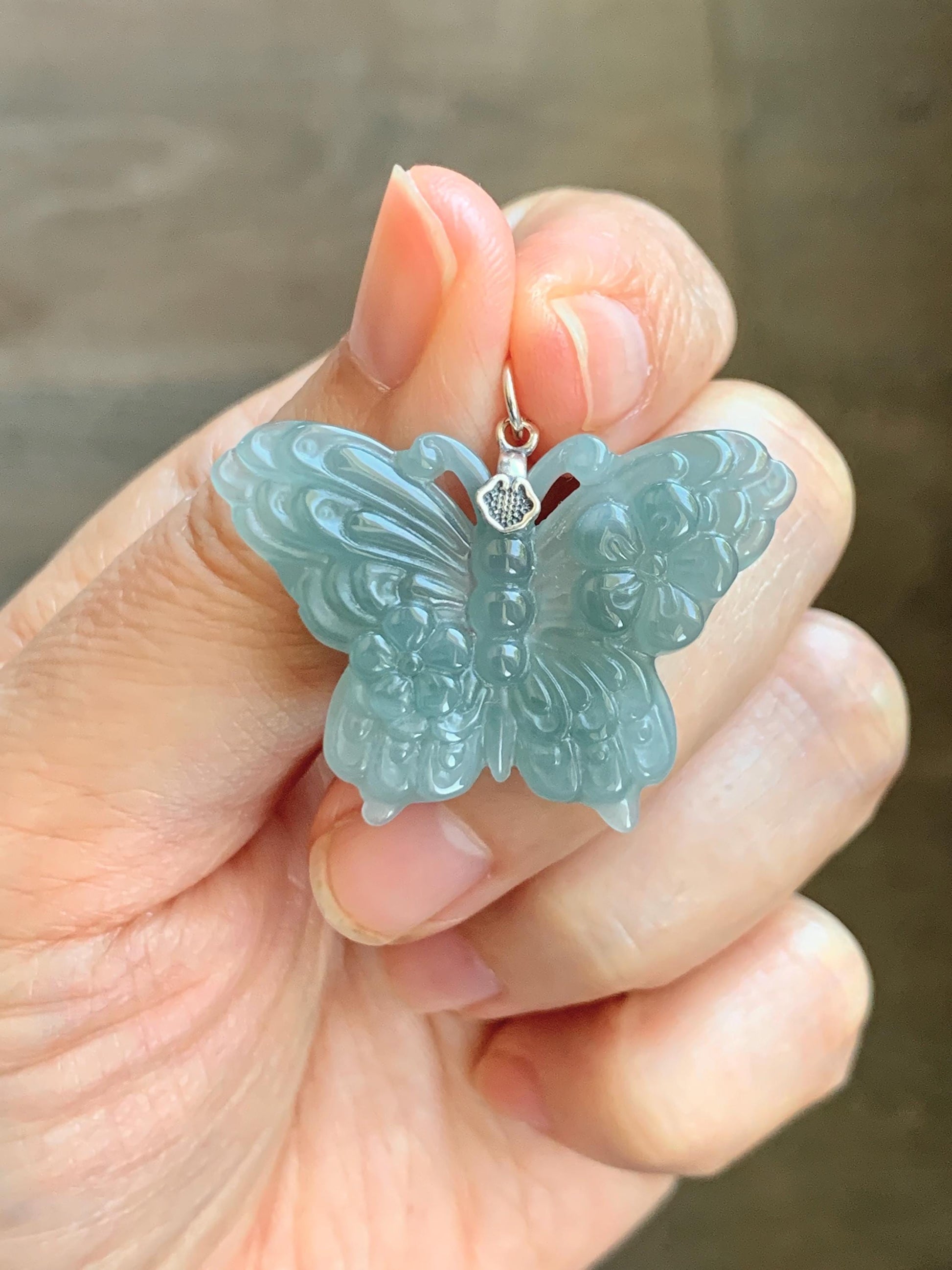 Natural Grade A Guatemalan Icy Translucent Dusty Teal Green Jade Jadeite Carved Butterfly Pendant Sterling Silver 7g 天然冰危暗蓝绿翡翠蝴蝶吊坠 WHZ110B